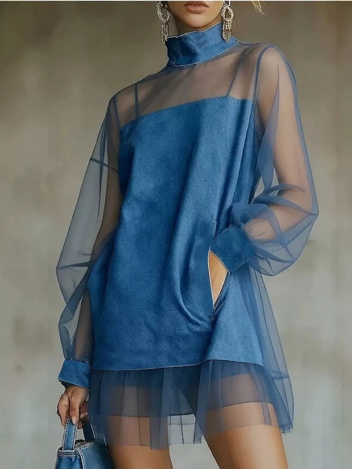 Sheer Mesh Turtleneck Mini Dress - Lilixa.store