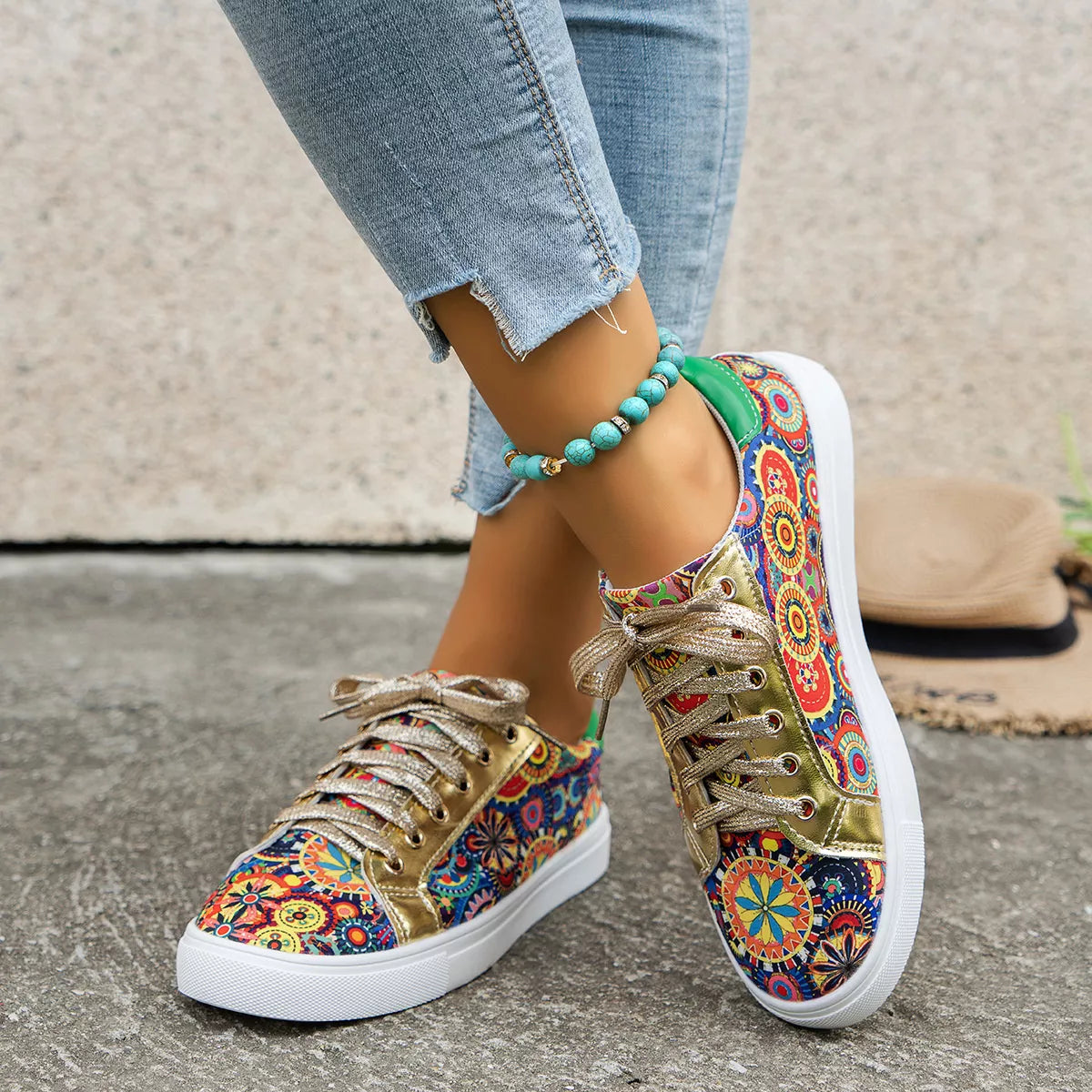 Printed Round Toe Sneakers - Lilixa.store