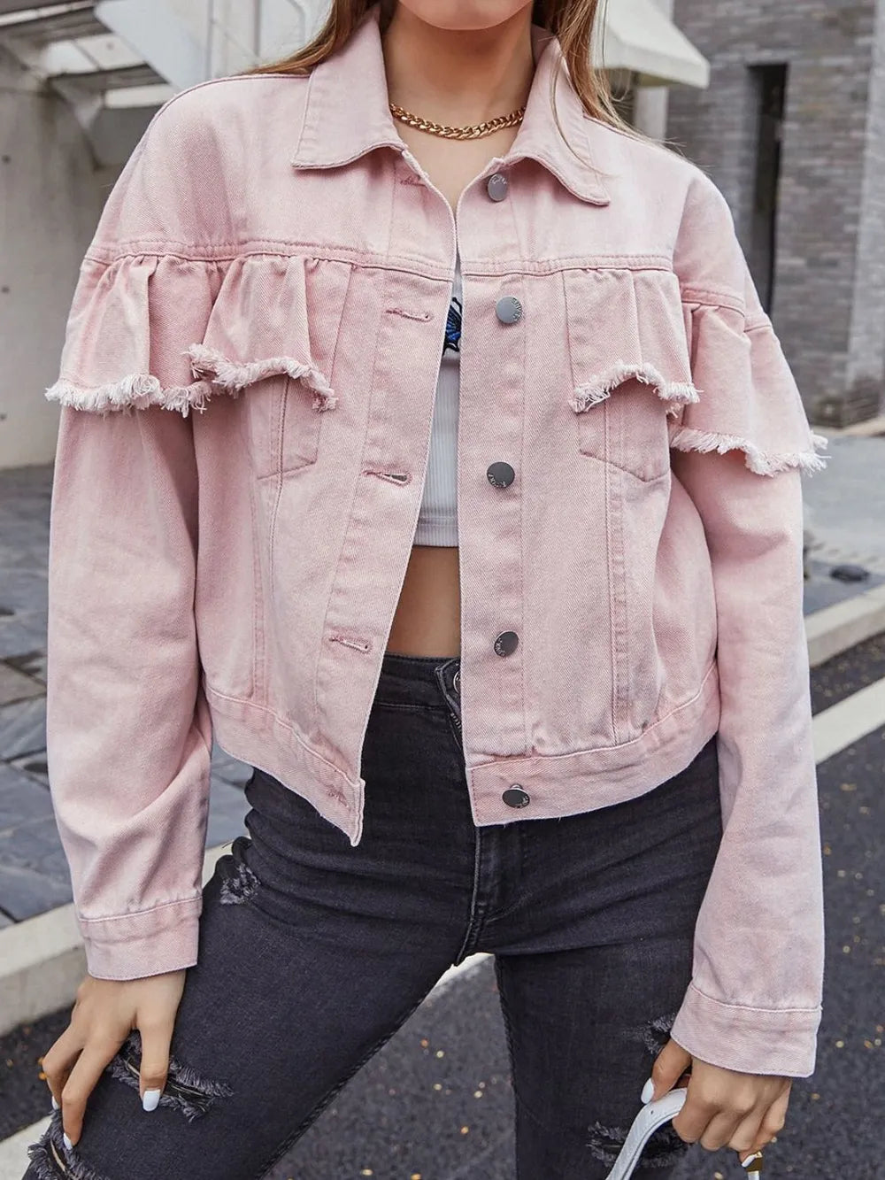 Ruffled Collared Neck Long Sleeve Denim Top - Lilixa.store