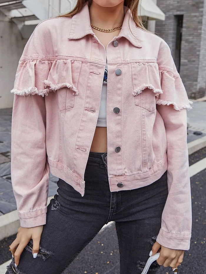 Ruffled Collared Neck Long Sleeve Denim Top - Lilixa.store