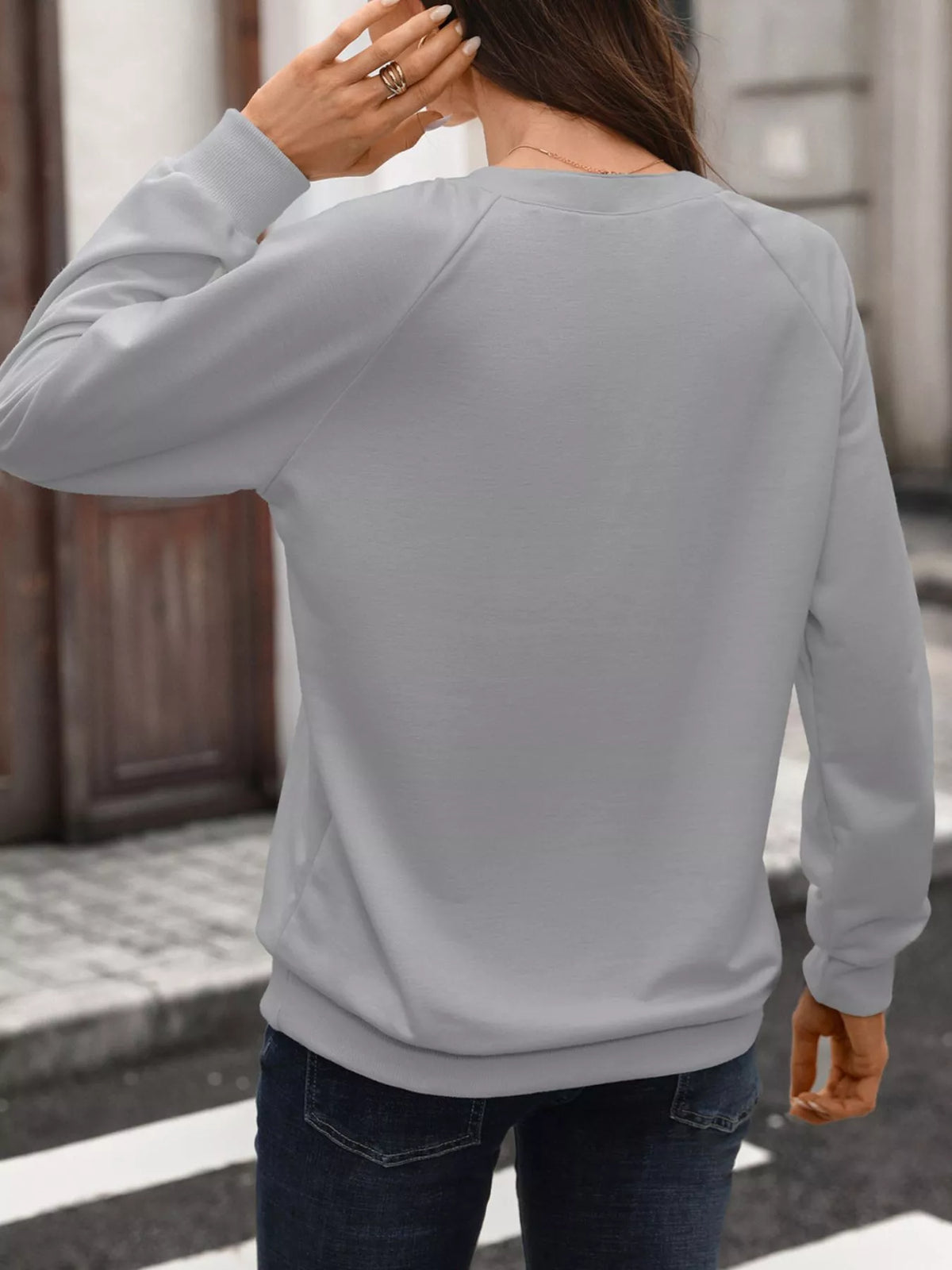 Notched Raglan Sleeve Sweatshirt - Lilixa.store