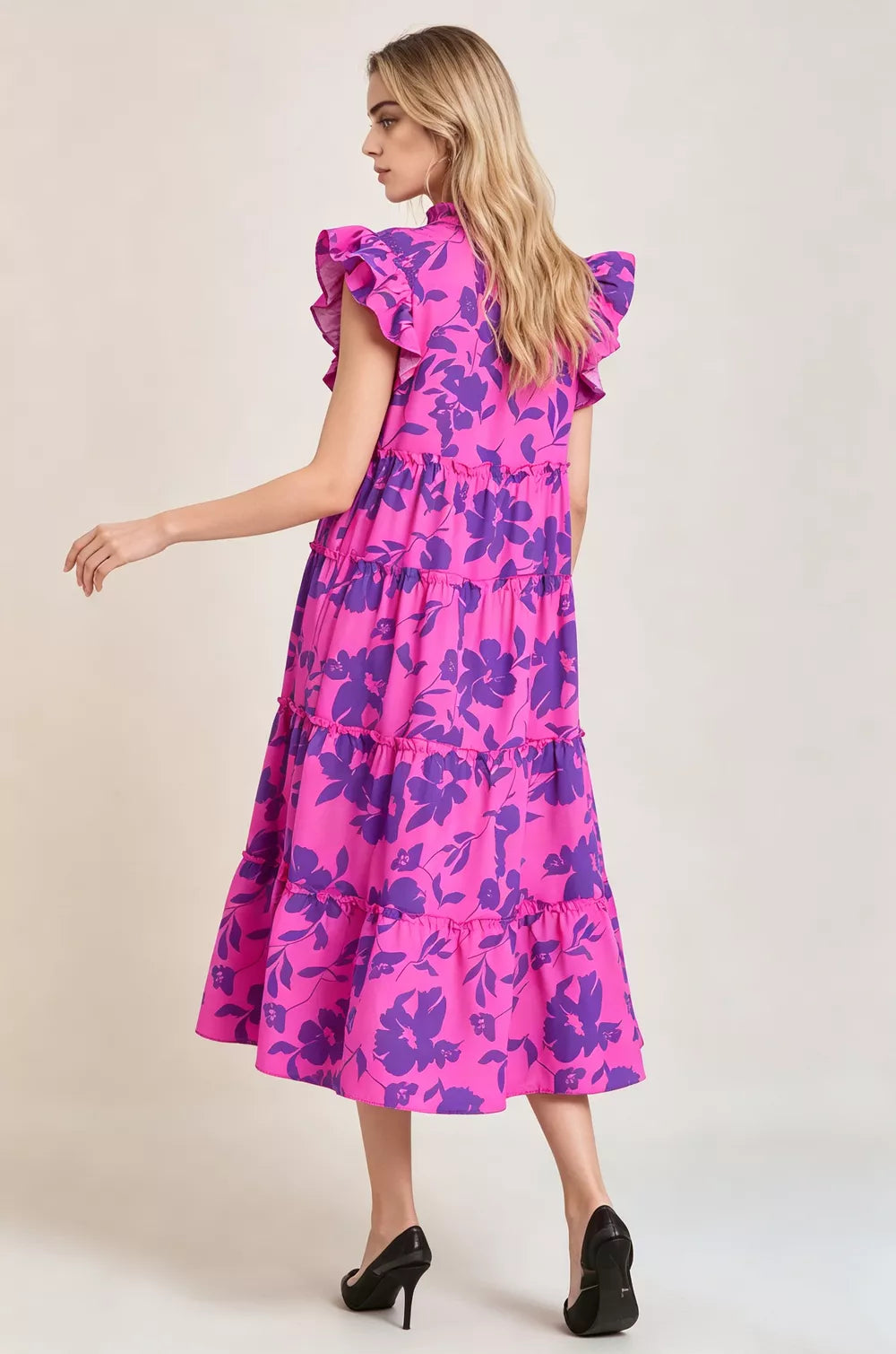 Oh Full Size Floral Ruffled Cap Sleeve Loose Flowy Summer Vacation Tiered Midi Dress Plus Size - Lilixa.store