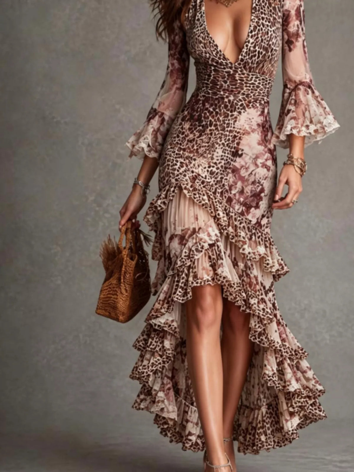 Leopard Print High-Low Ruffle Hem Maxi Dress in Dusty Pink, view 3