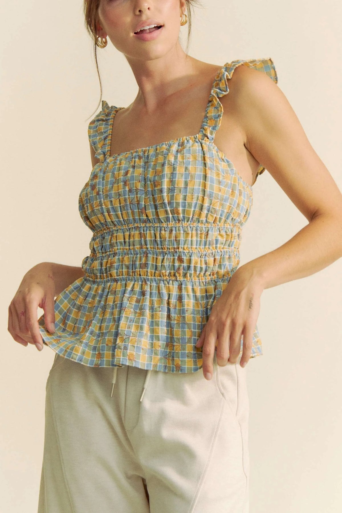 Davi & Dani Plaid Ruffled Strap Smocked Sleeveless Top - Lilixa.store