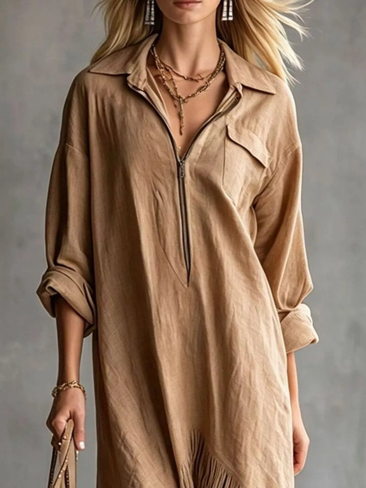 Zipper-Front Fringe Hem Midi Dress - Lilixa.store