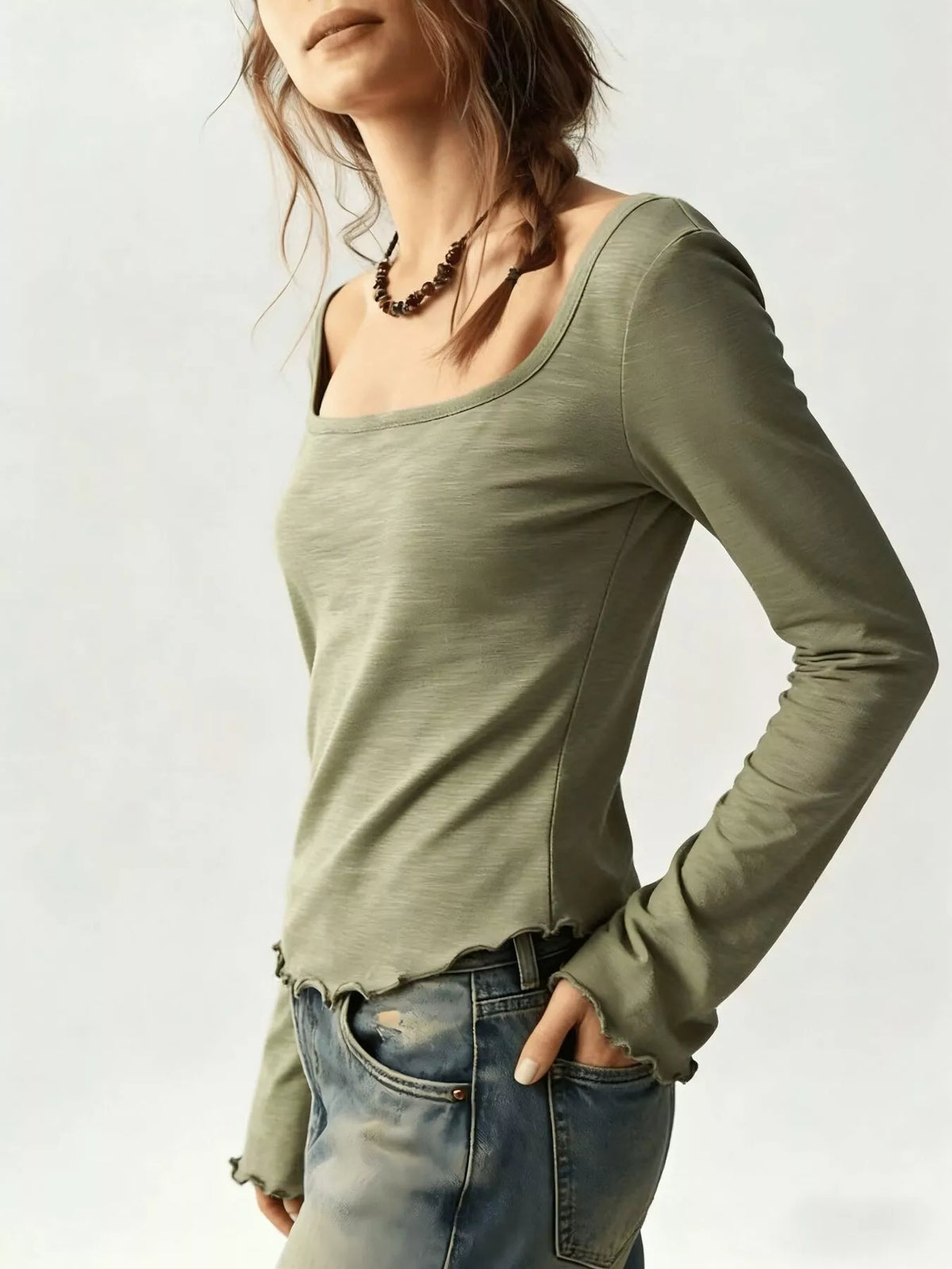 Long Sleeve Square Neck Slim-Fit T-Shirt - Lilixa.store
