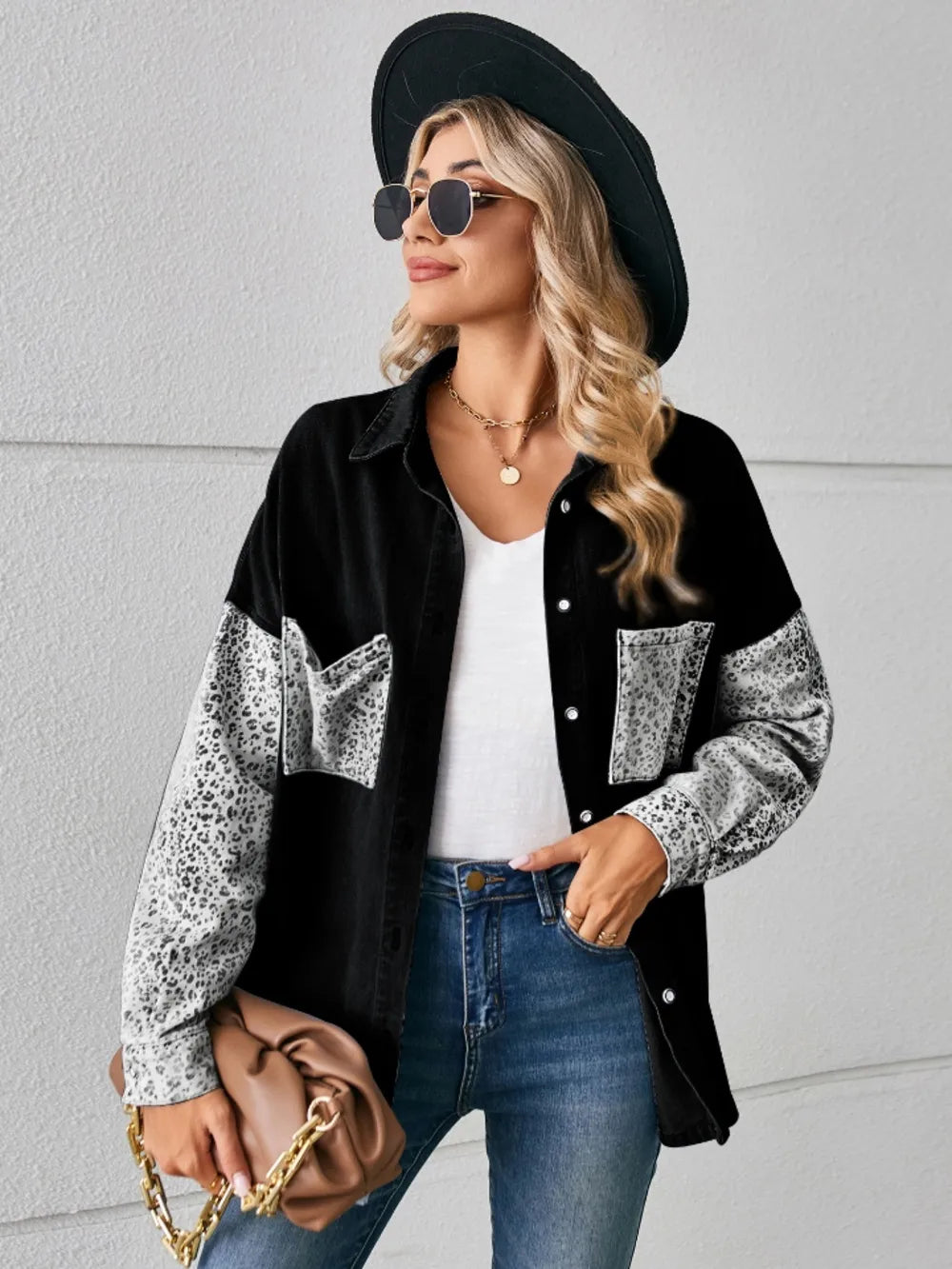 Leopard Button Up Denim Jacket, view 3