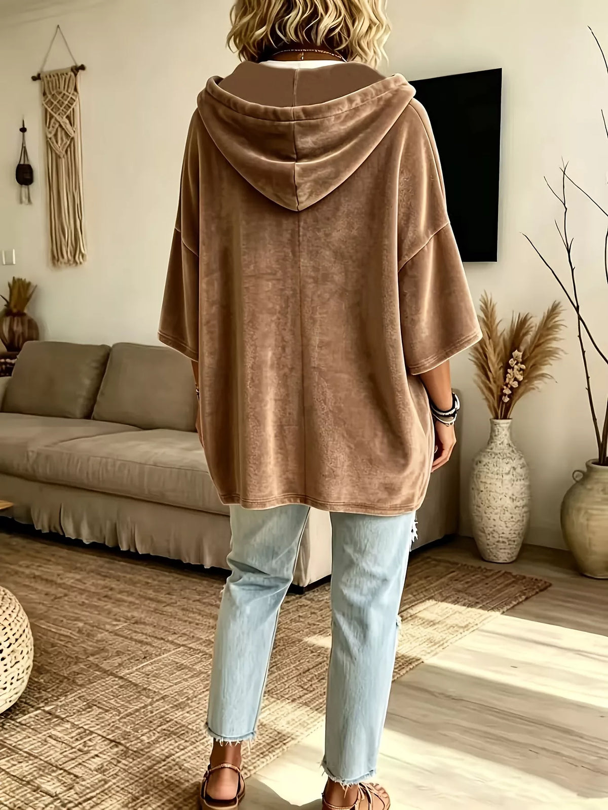 Full Size Velvet Button Detail Drawstring Hoodie Plus Size, view 6