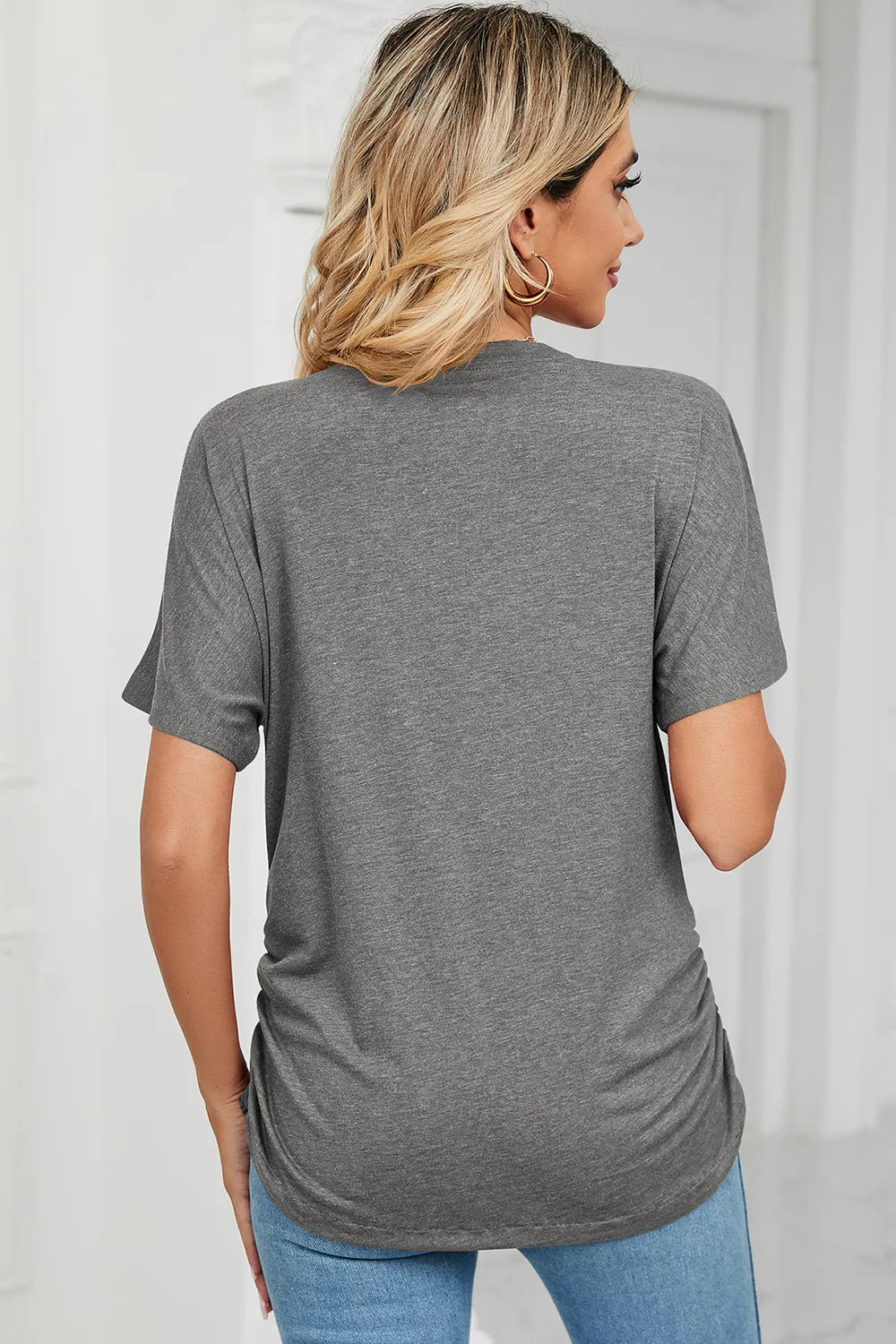 Ruched V-Neck Short Sleeve T-Shirt - Lilixa.store
