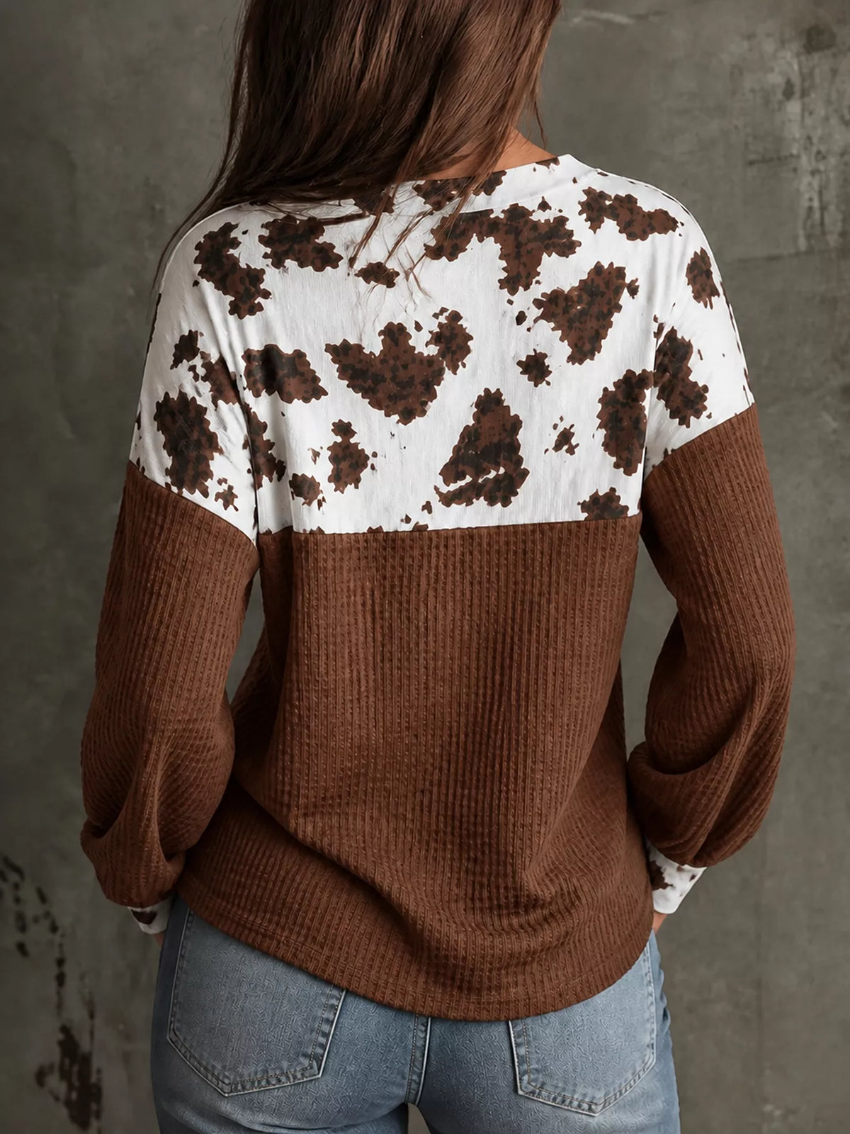 Cow Print Color Block Waffle Knit Blouse - Lilixa.store