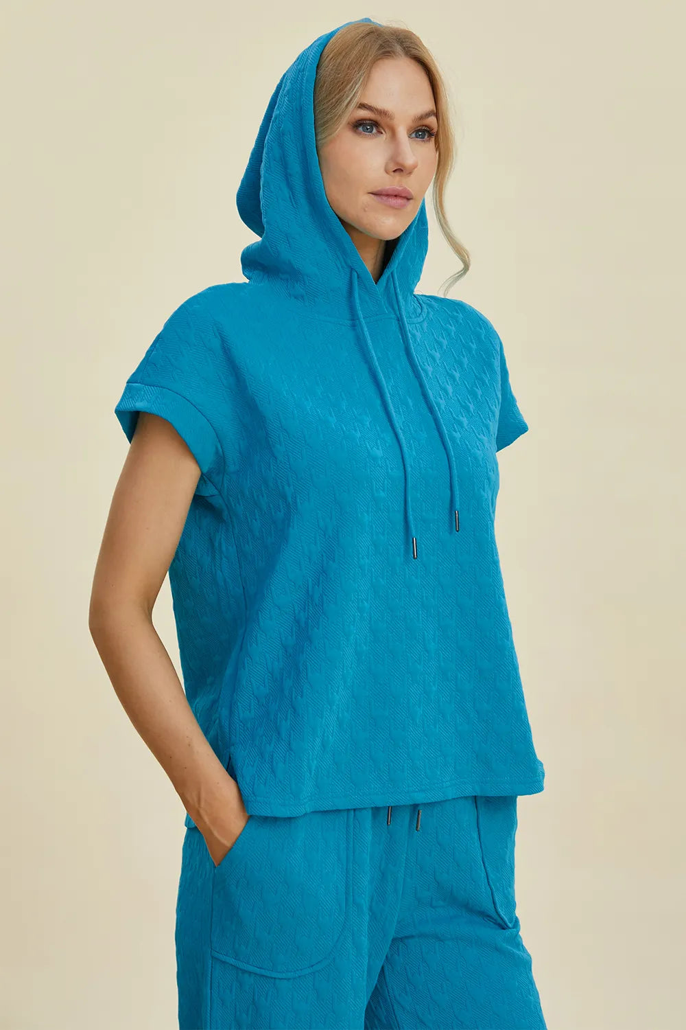 Double Take Full Size Texture Drawstring Short Sleeve Hoodie and Pocketed Pants Set, view 5