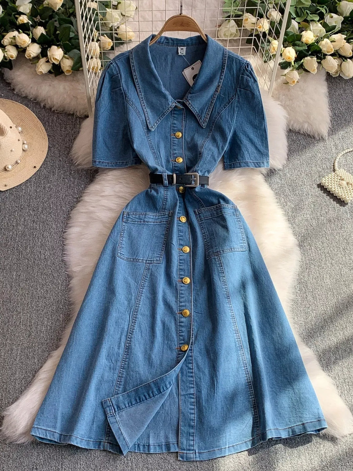 Button Front Short Sleeve Denim Dress - Lilixa.store