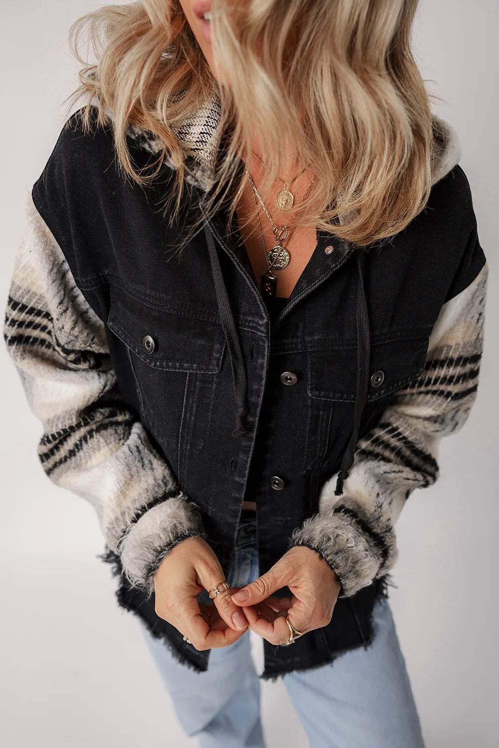 Drawstring Raw Hem Button Up Hooded Denim Jacket - Lilixa.store