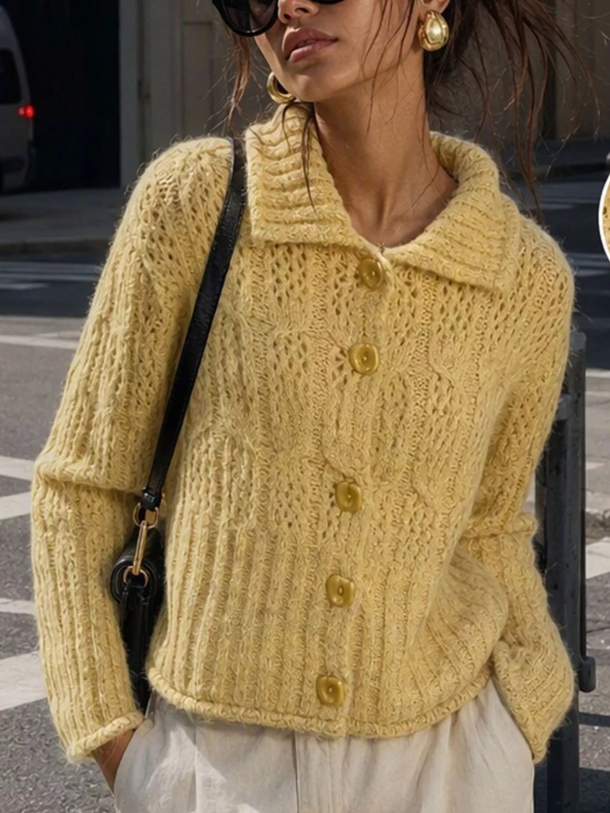 Cable-Knit Button Up Cardigan in Yellow