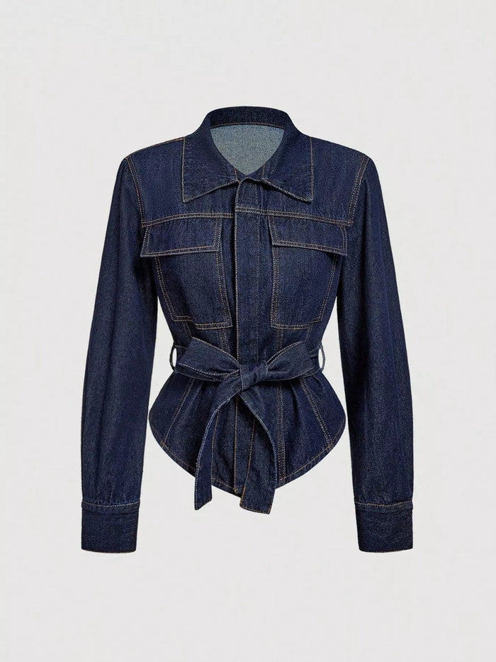Tie Waist Long Sleeve Denim Jacket in Blue