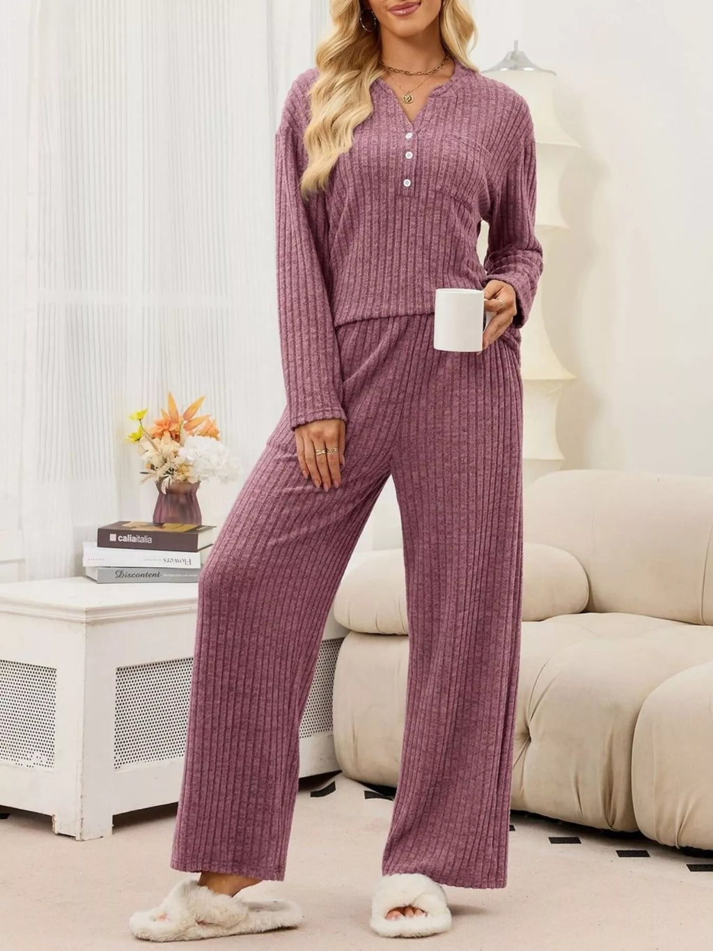 Ribbed Knit Top and Wide-Leg Pants Set - Lilixa.store