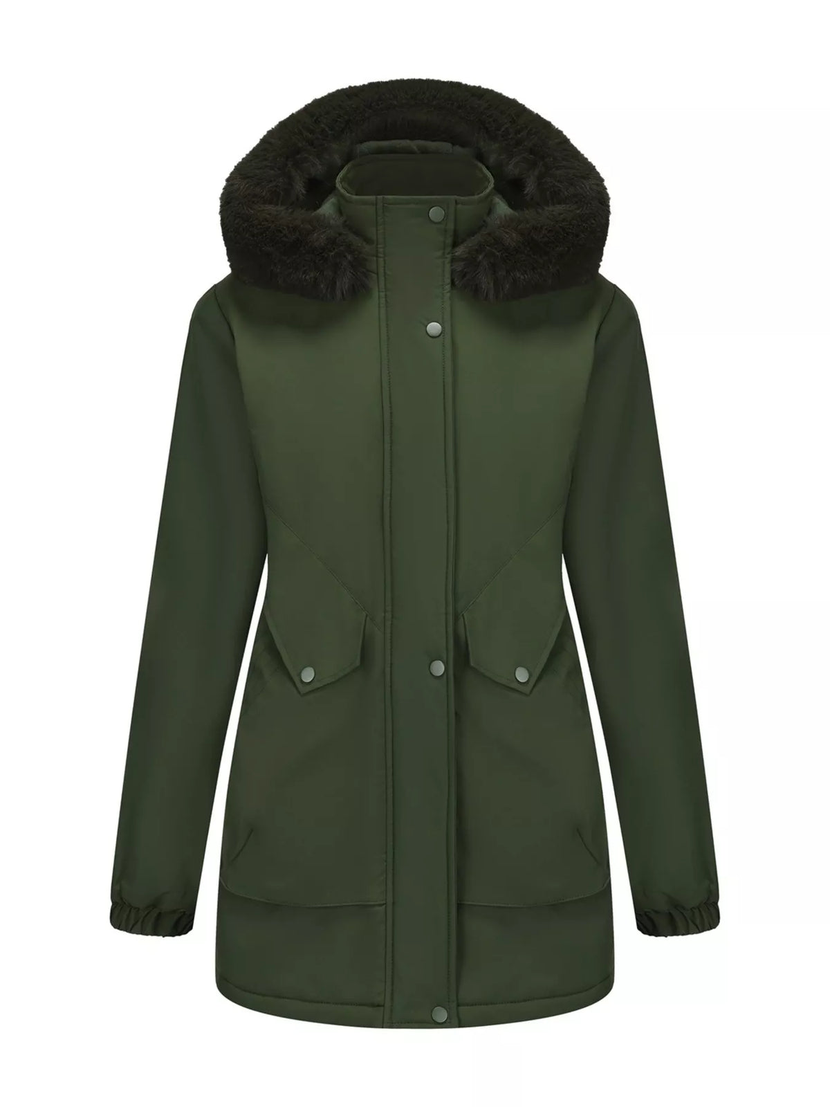 Full Size Fur Hooded Warm Winter Parka Outerwear Plus Size in Army Green