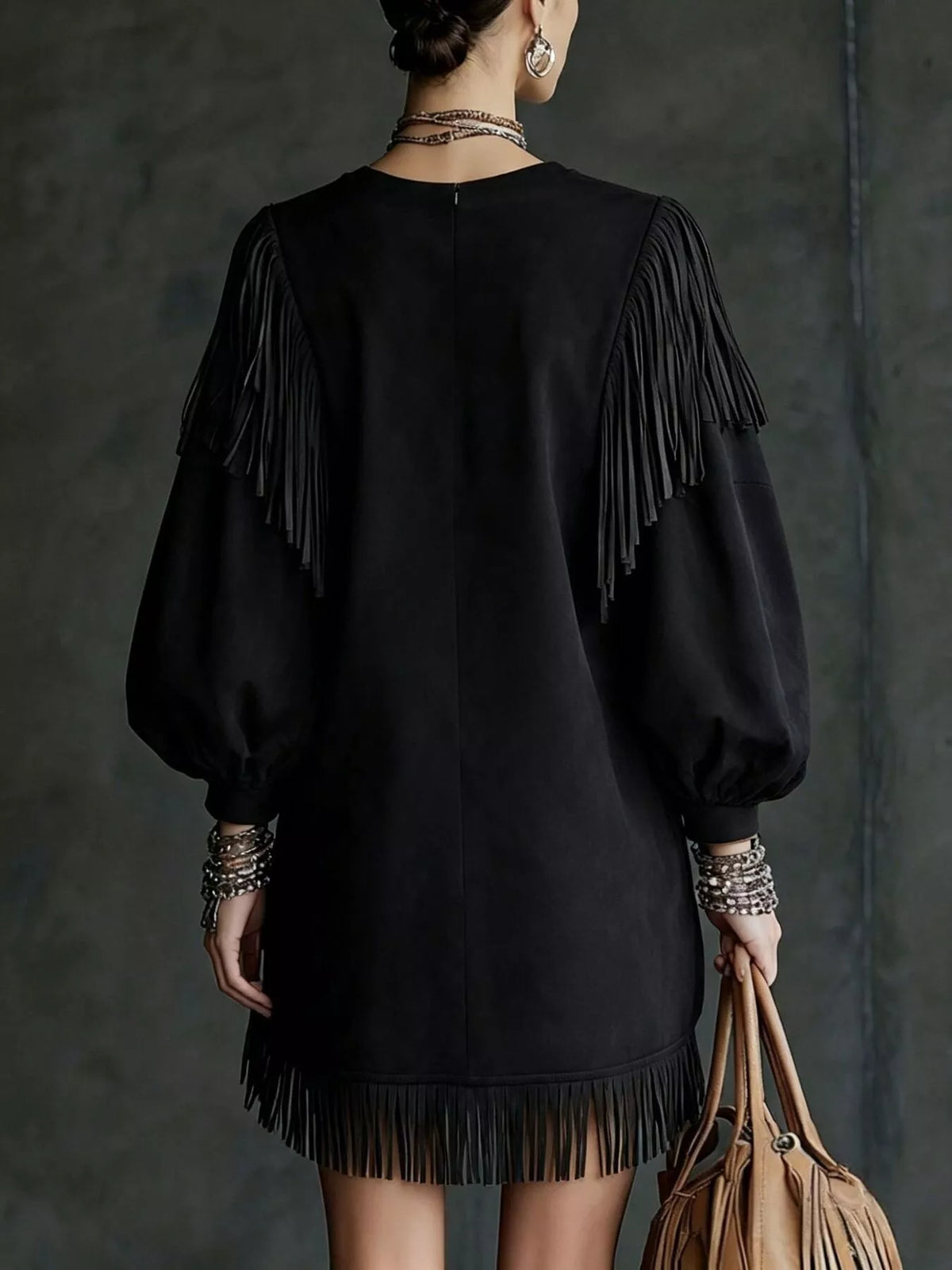 Fringe Detail Lantern Sleeve Mini Dress - Lilixa.store
