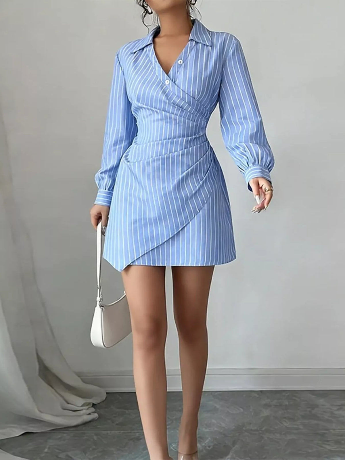 Full Size Striped Long Sleeve Shirt Dress Plus Size in Blue, view 5