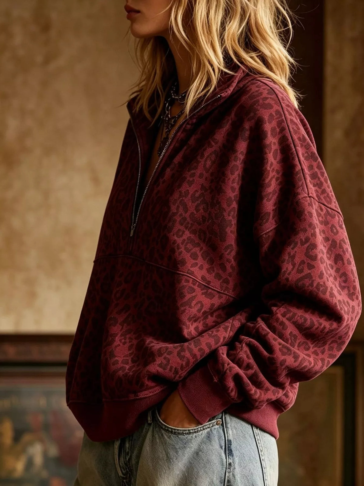 Leopard Half Zip Oversized Sweatshirt - Lilixa.store