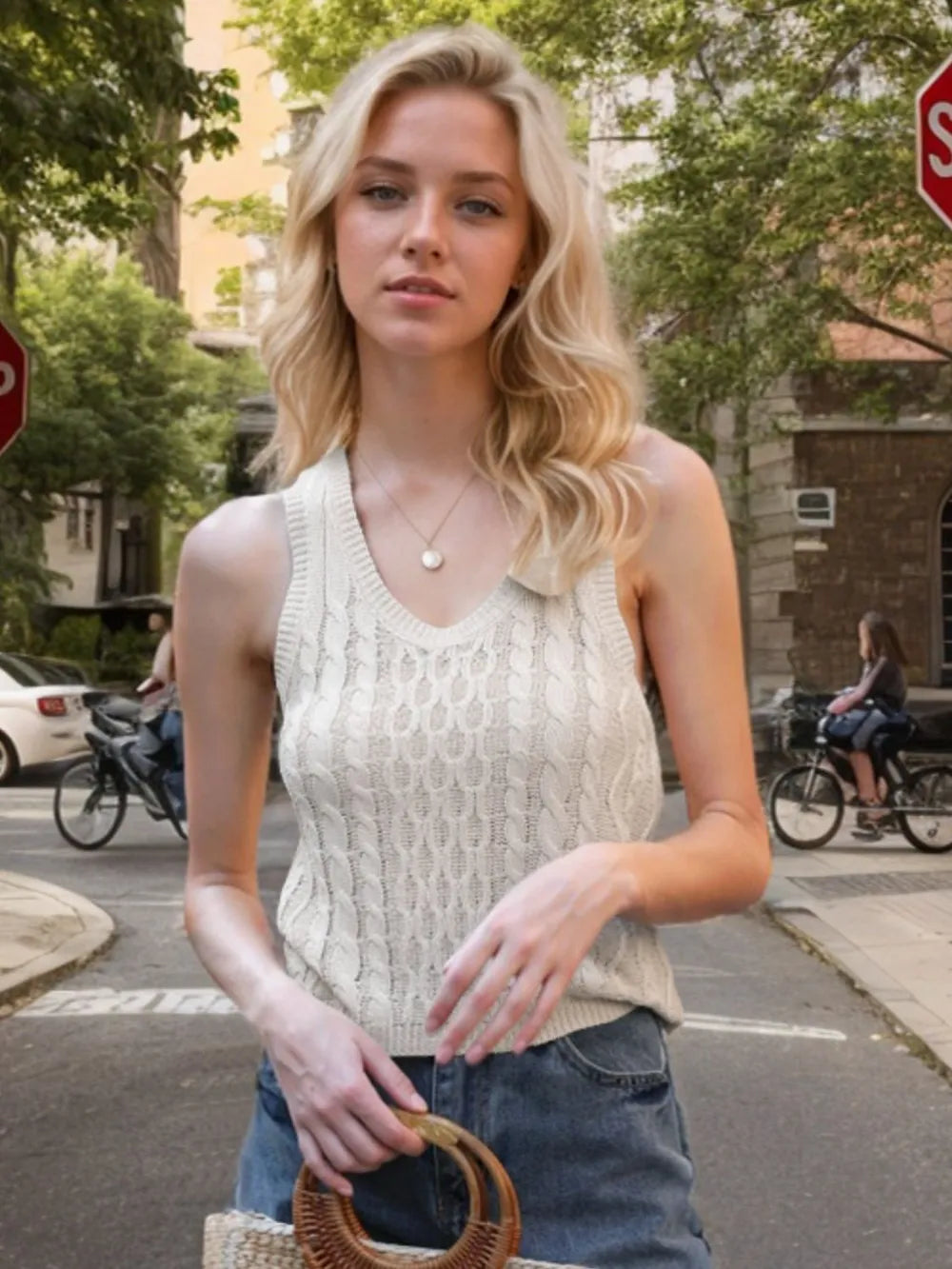 Cable-Knit V-Neck Knit Tank, view 6