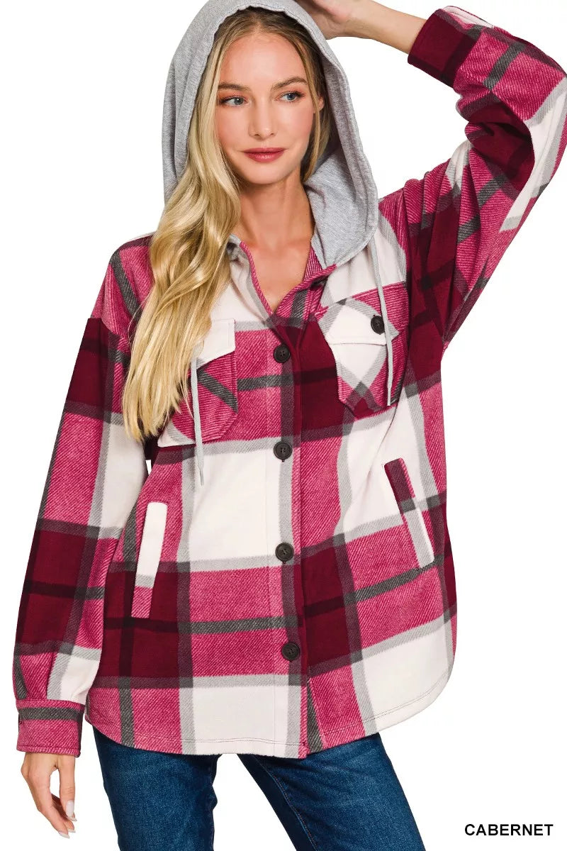 Zenana Plaid Drawstring Hooded Fleece Shacket in Cabernet, view 2