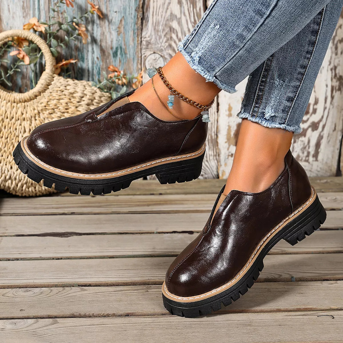 Round Toe Slip-On Loafers in Brown