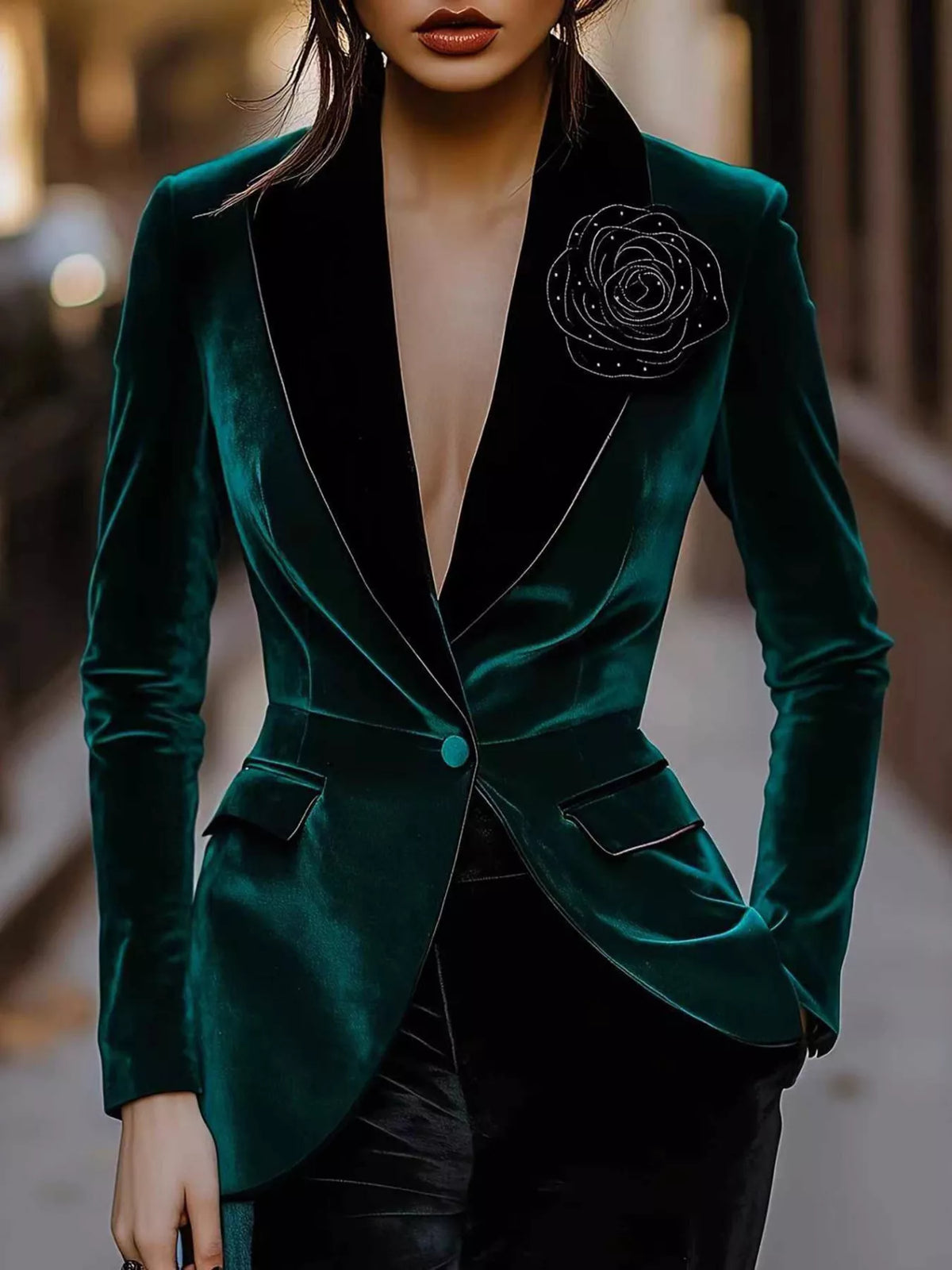 Velvet Rose Embellished One Button Blazer - Lilixa.store