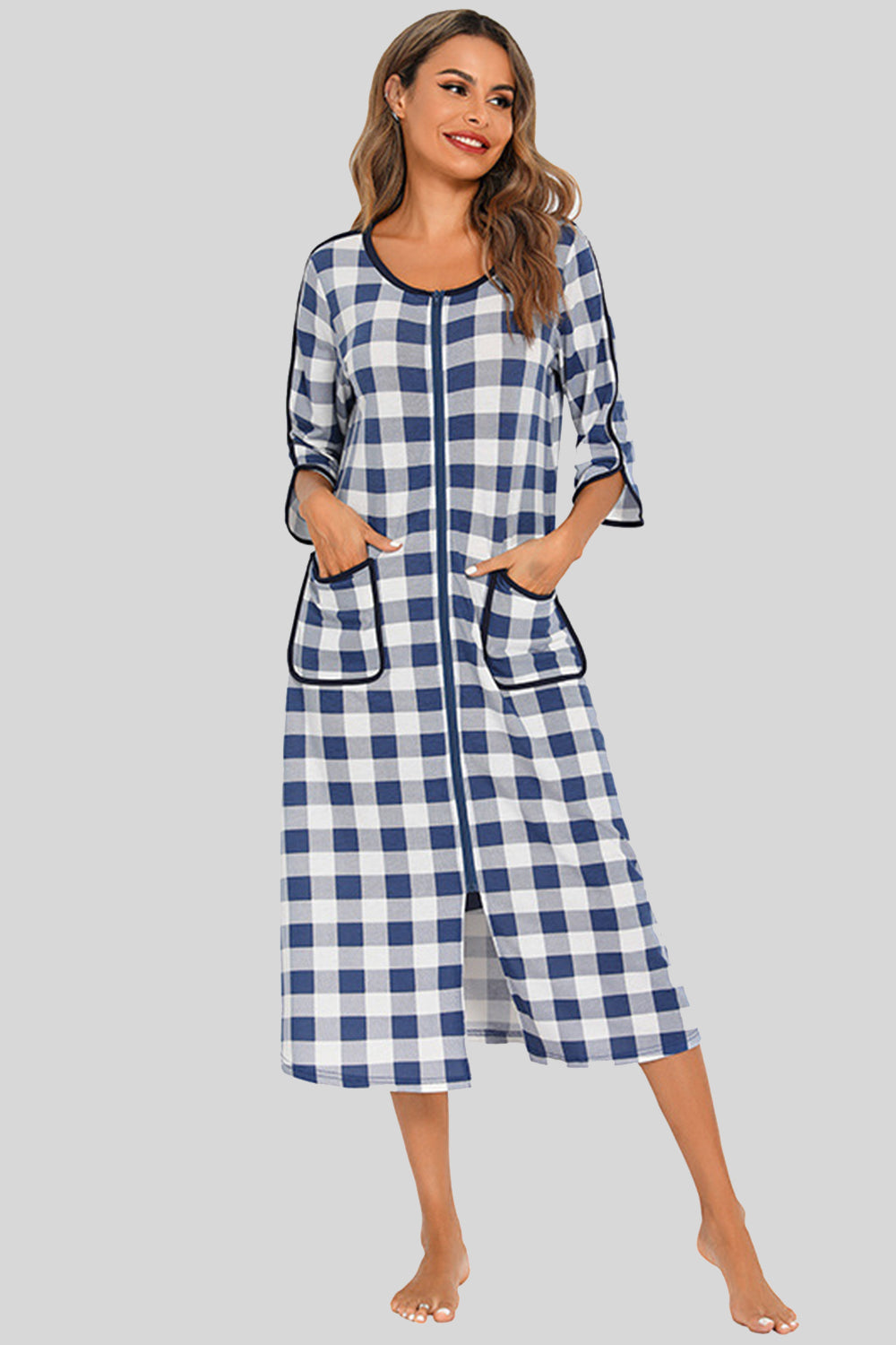 Round Neck Three-Quarter Sleeve Midi Night Dress - Lilixa.store