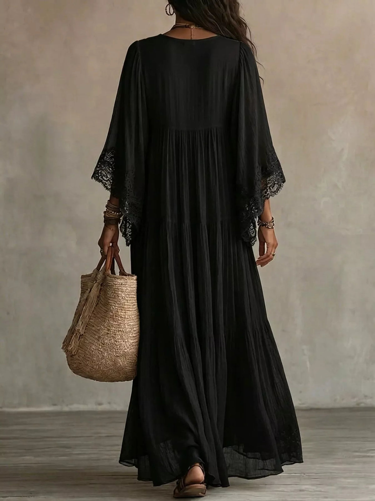 Lace Trim V-Neck Maxi Dress - Lilixa.store
