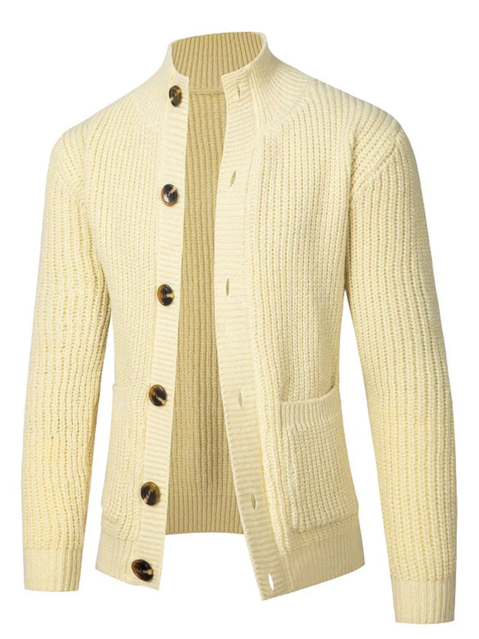 Men's Plus Size Stand-Collar Ribbed Knit Button-Down Cardigan in Pastel Yellow