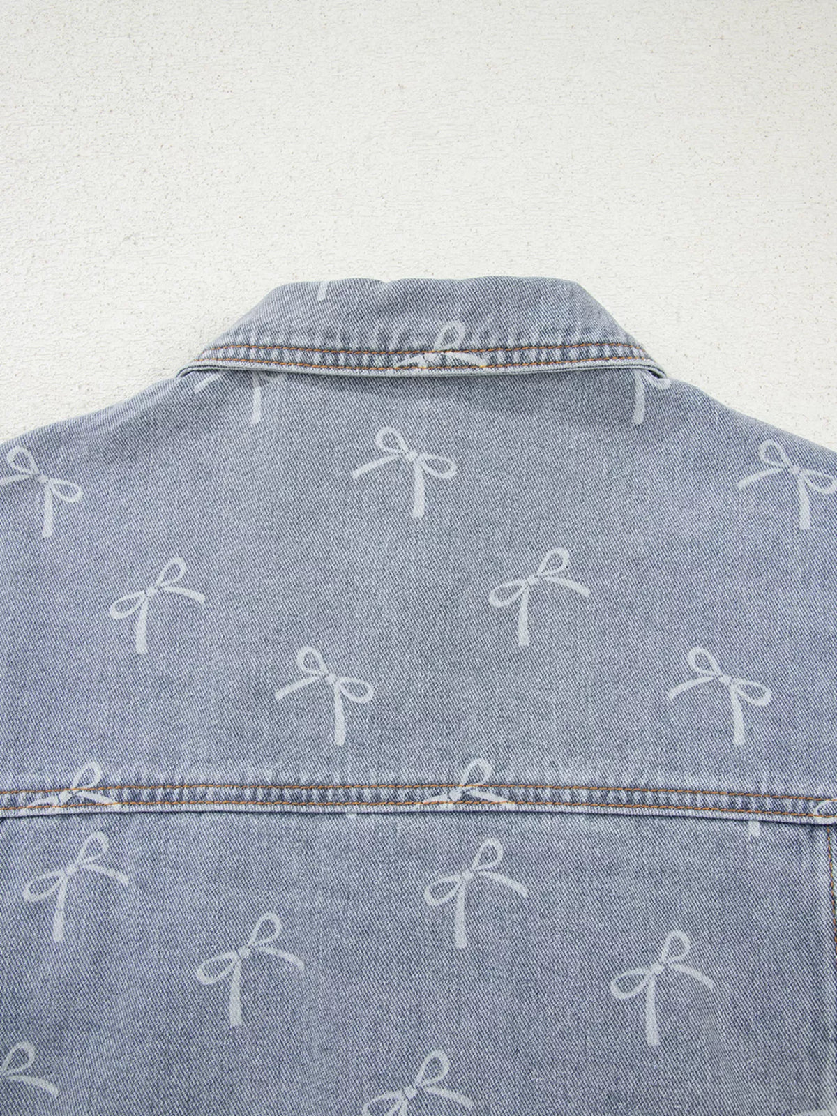 Bow Knot Print Light Wash Raw Hem Denim Jacket in Light Blue, view 9