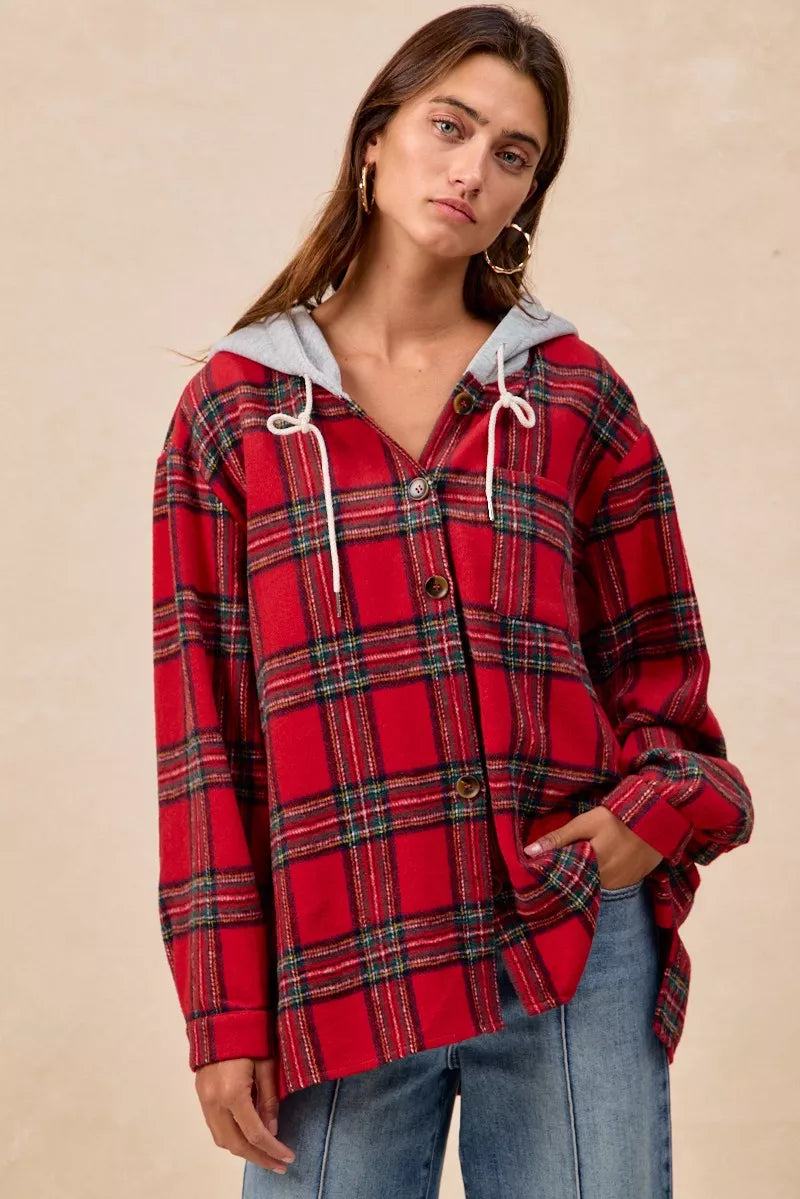 BiBi Brushed Plaid Hooded Jacket in Red Plaid, view 5
