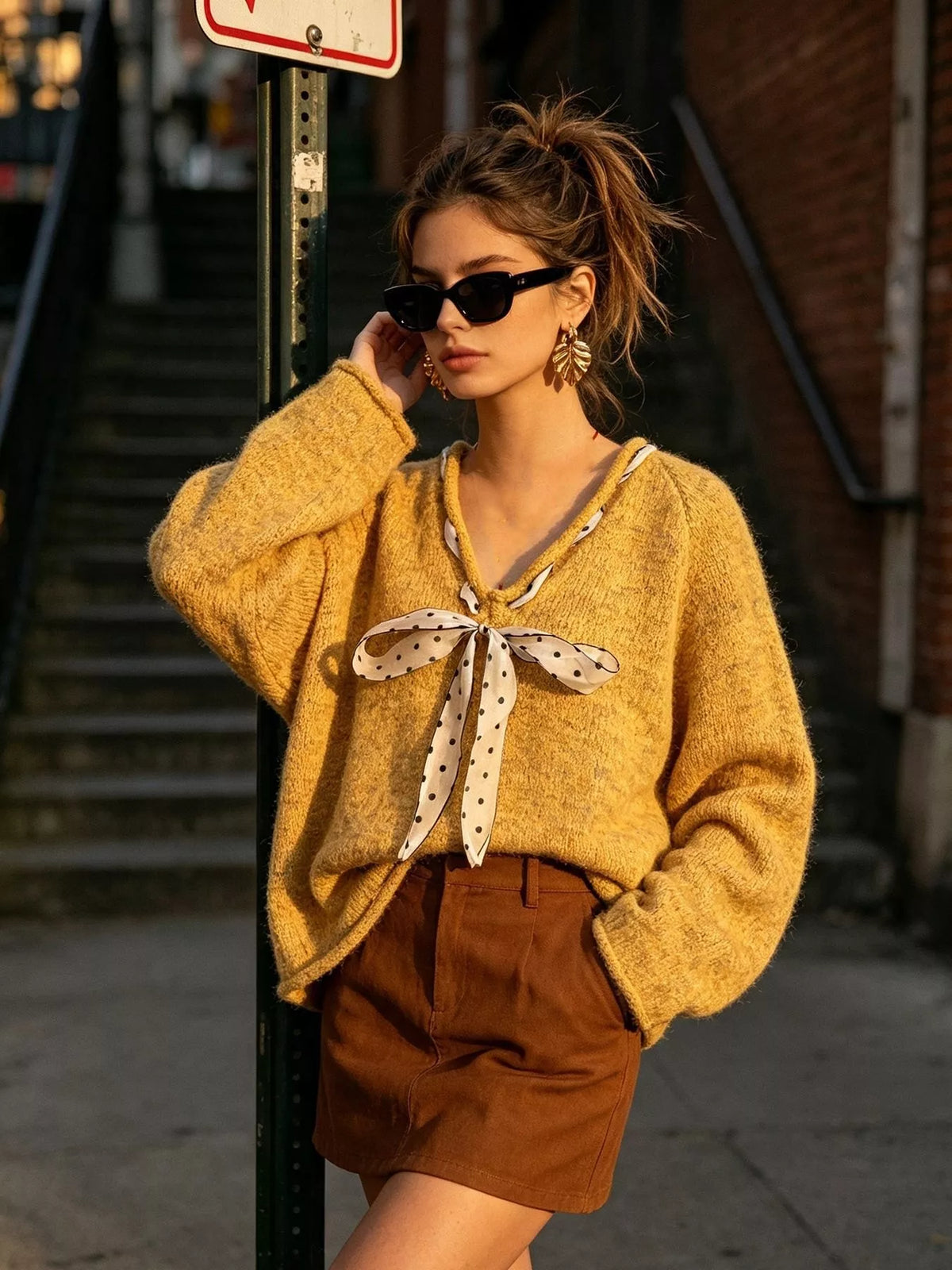 Chic V-Neck Sweater with Polka Dot Ribbon Tie, view 20