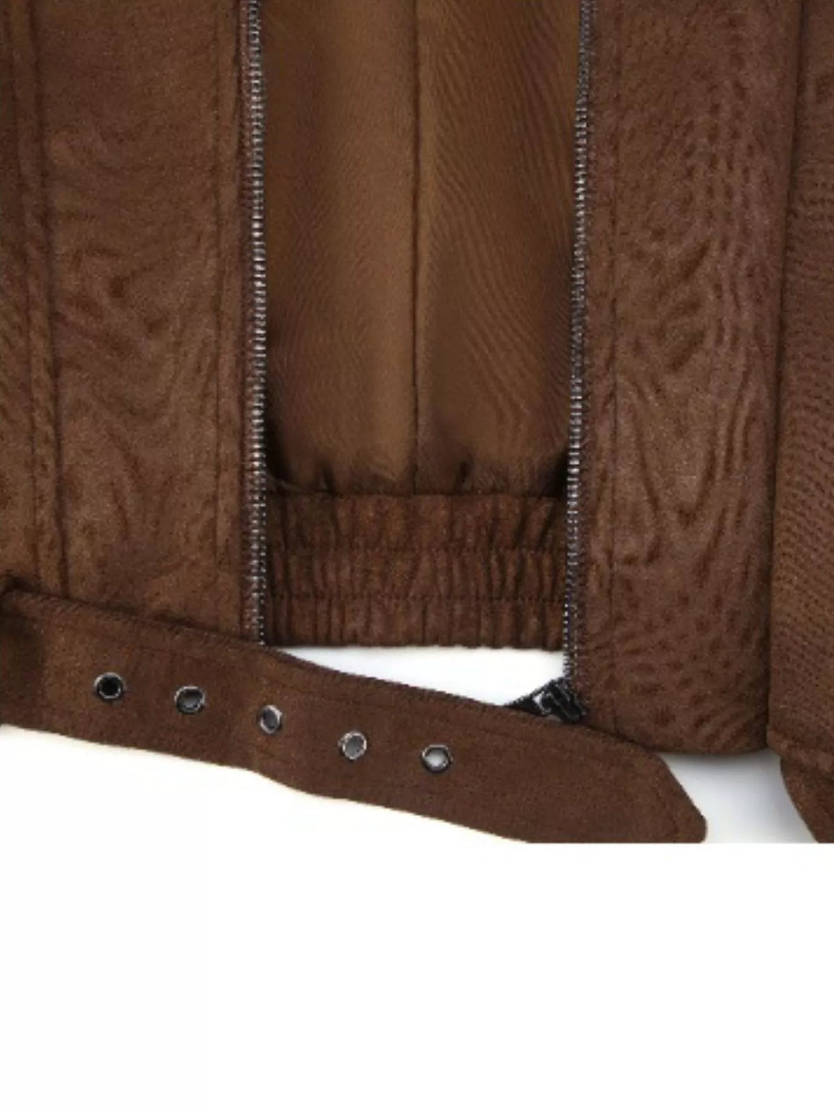 Asymmetrical Zipper Moto Jacket with Belt Detail in Brown, view 7