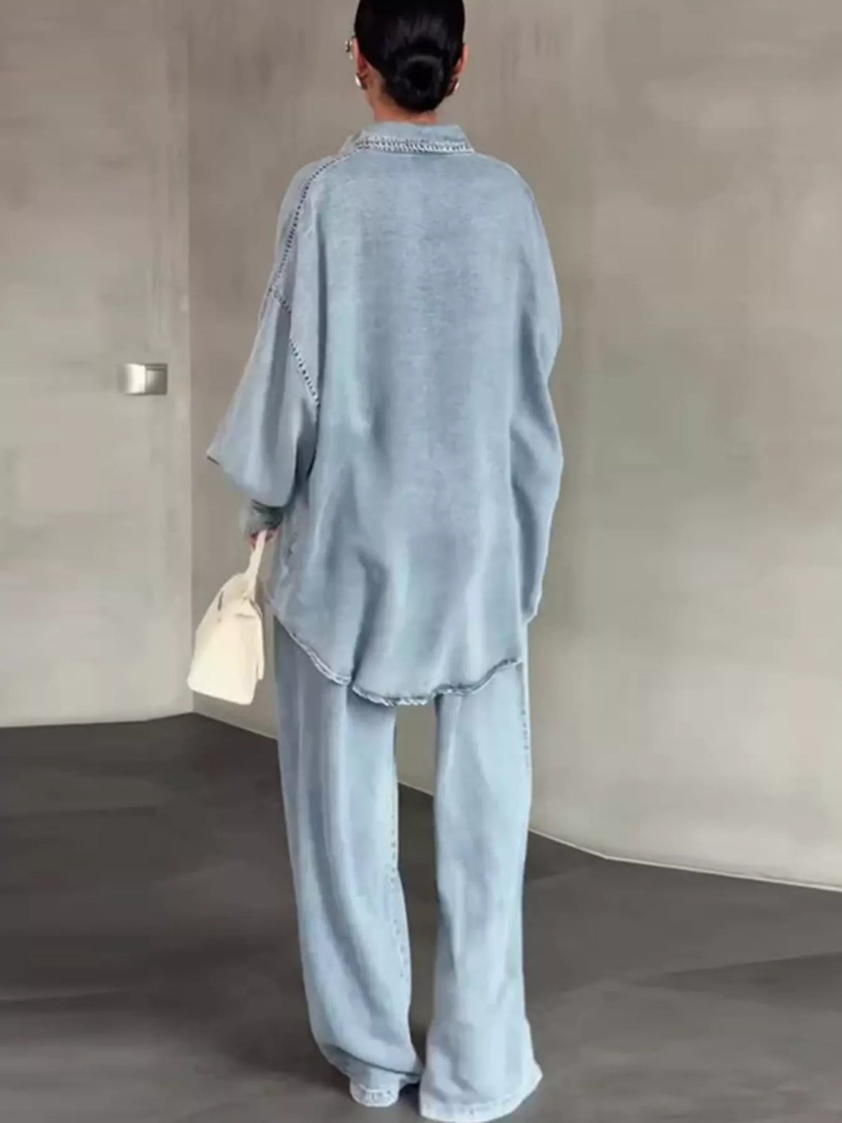 Wash Button Up Shirt and Wide-Leg Pants Denim Set in Light Blue, view 3