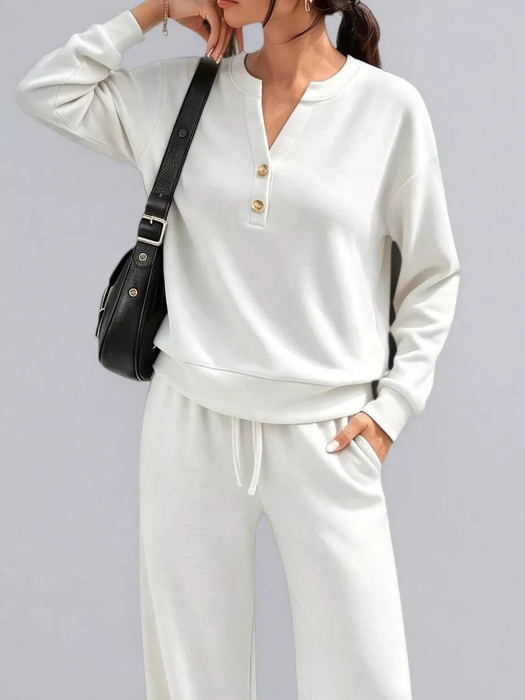 Button Detail Dropped Shoulder Top and Pants Set - Lilixa.store