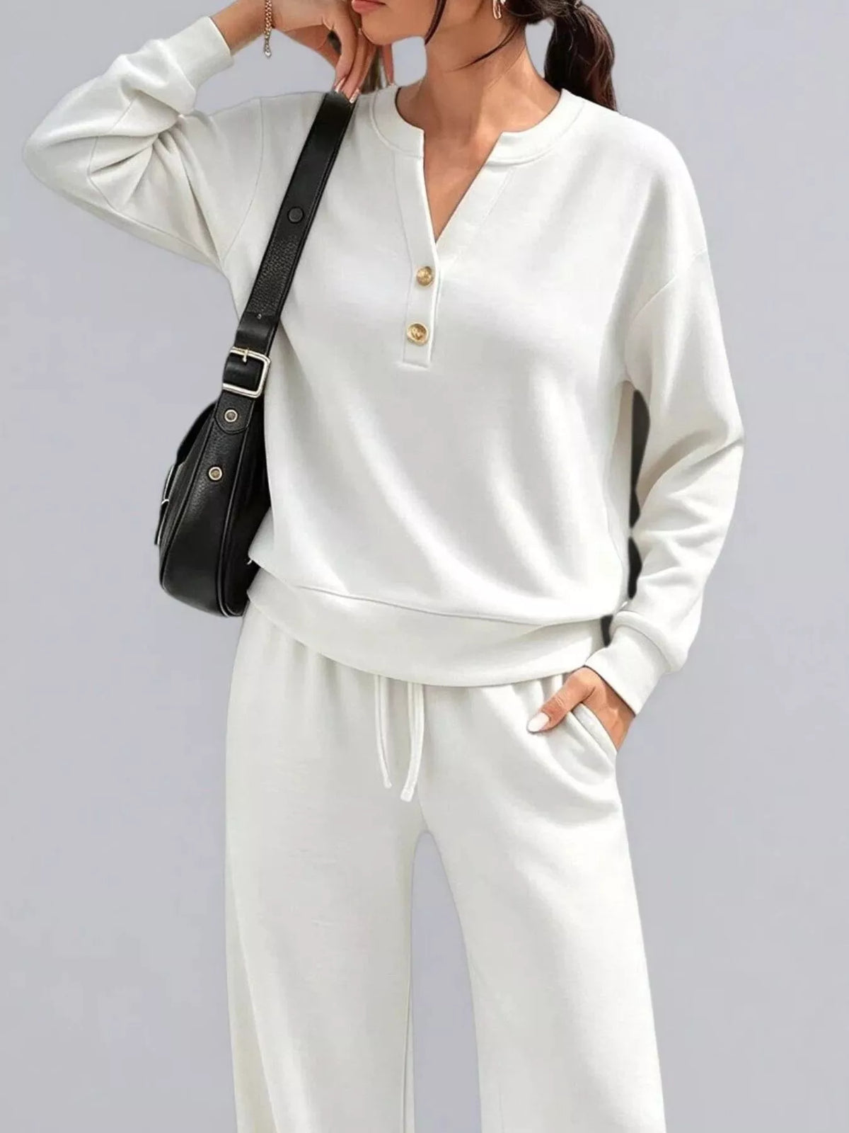 Button Detail Dropped Shoulder Top and Pants Set - Lilixa.store