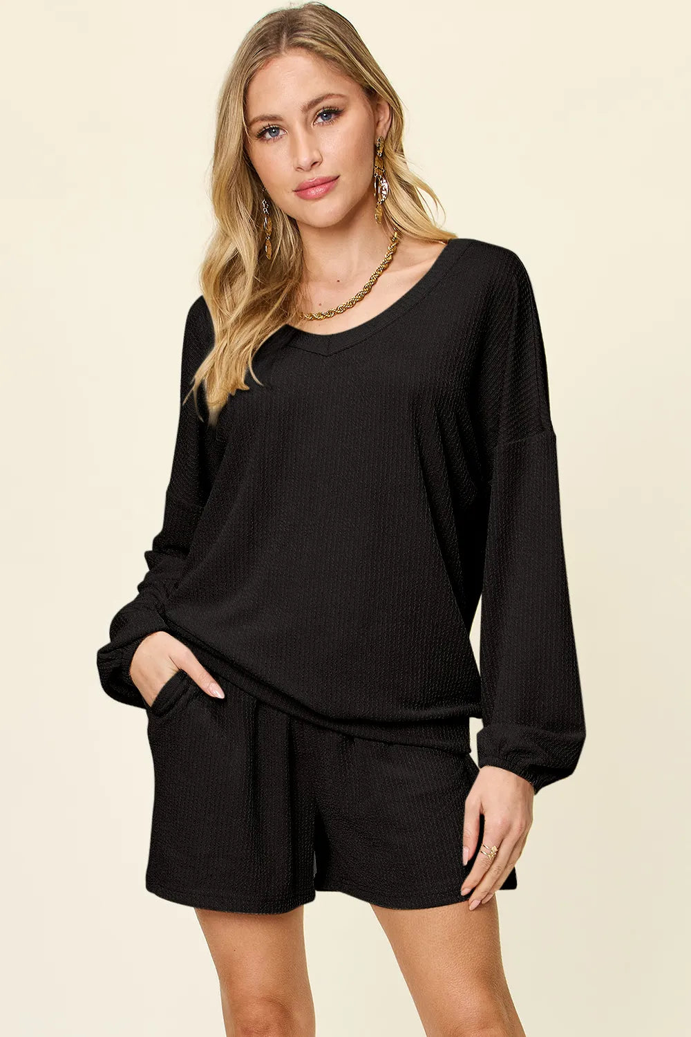 Double Take Full Size Texture V-Neck Long Sleeve T-Shirt and Shorts Set in Black