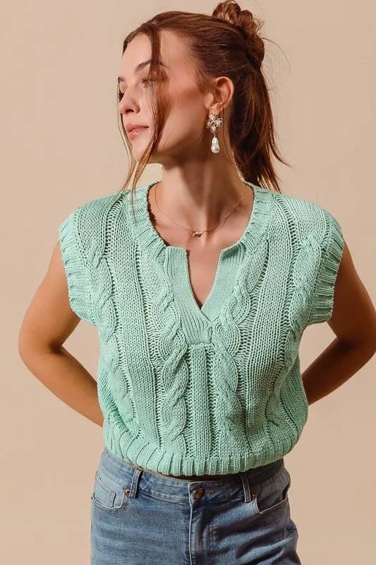 SO ME Notched Neck Cable Knit Sweater Vest in Dusty Sage, view 2