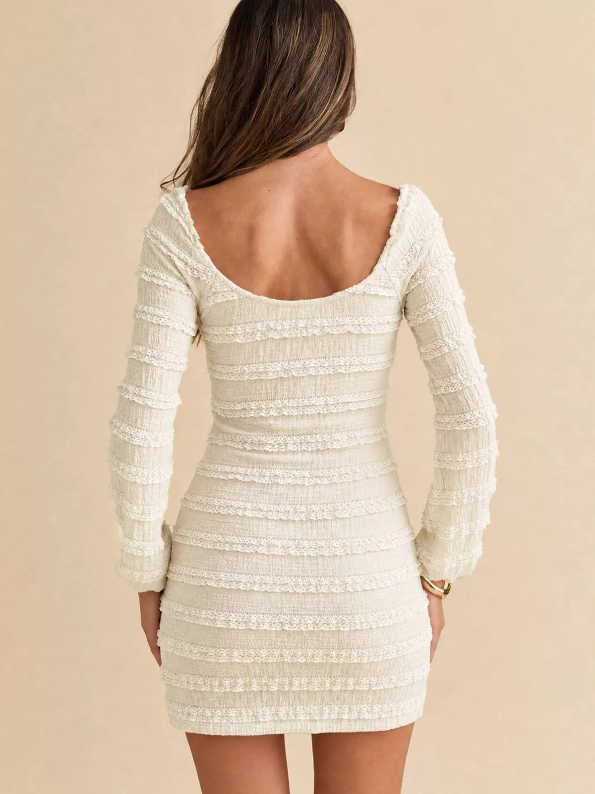 Textured Long-Sleeve Bodycon Mini Dress with Tie-Front in Apricot, view 5