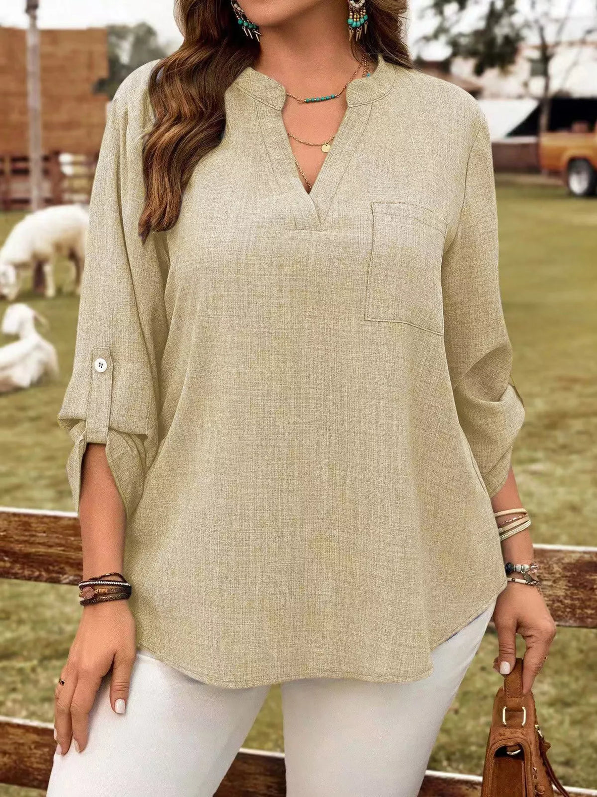 Plus Size Notched Roll-Tab Sleeve Casual Blouse - Lilixa.store