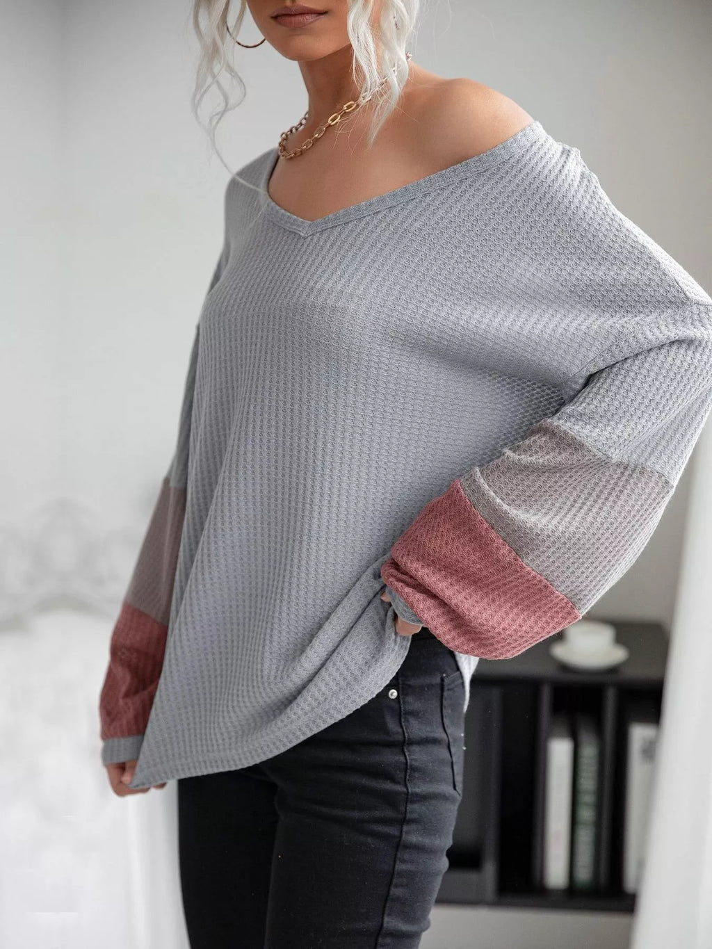 V-Neck Waffle Knit Long Sleeve T-Shirt - Lilixa.store