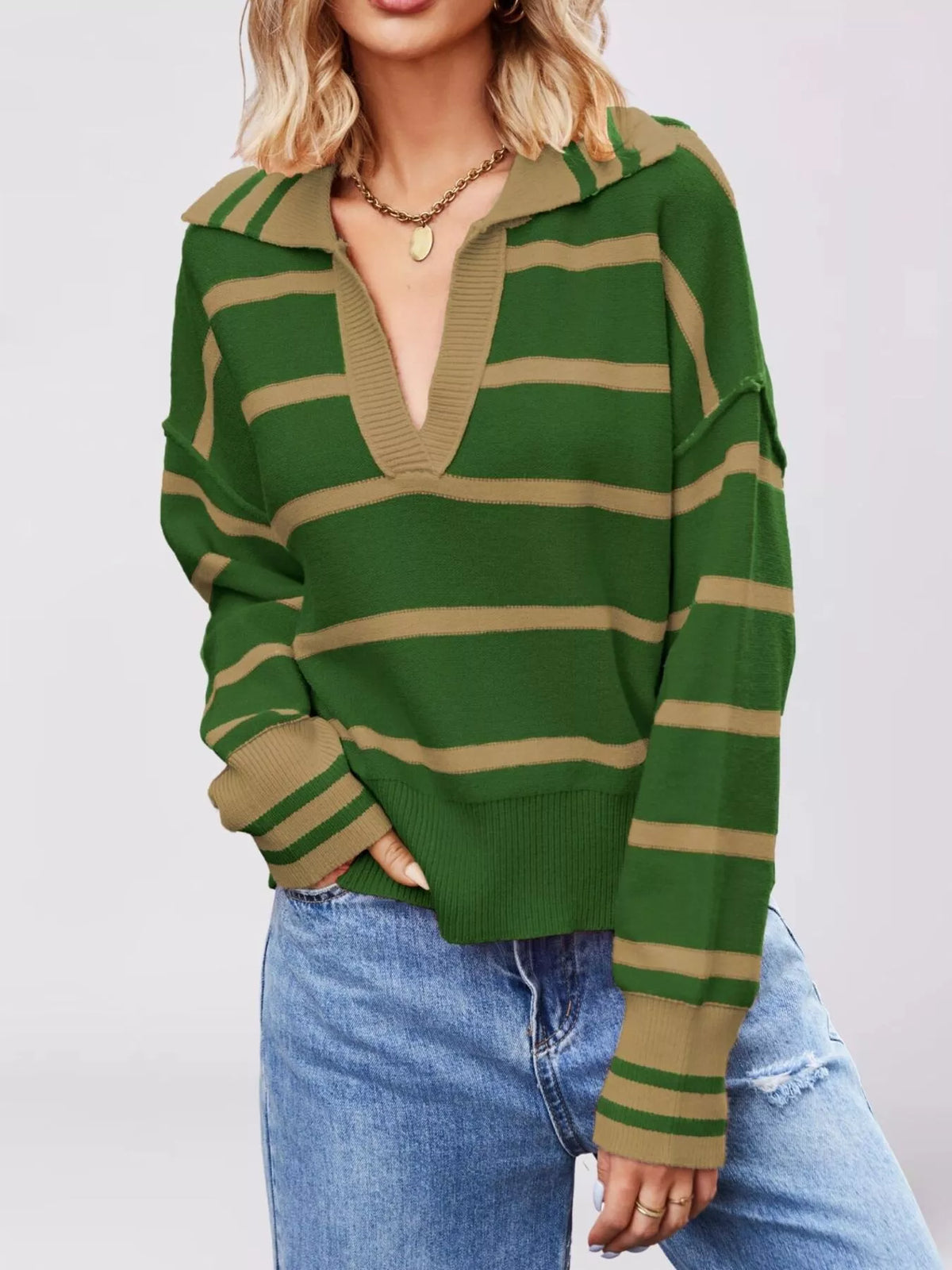 Striped Johnny Collar Dropped Shoulder Sweater - Lilixa.store