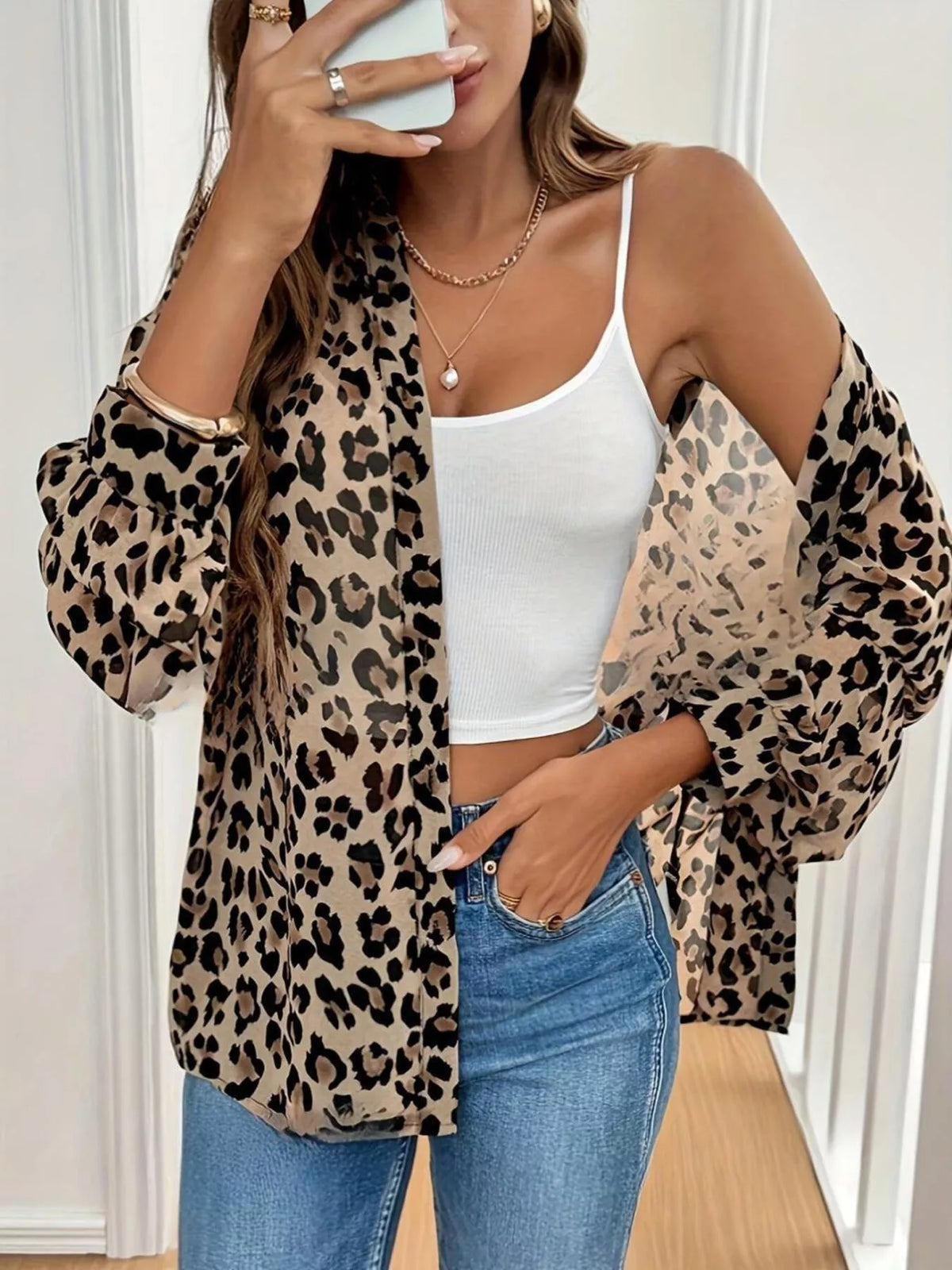 Leopard Print Button-Down Long Sleeve Shirt, view 2