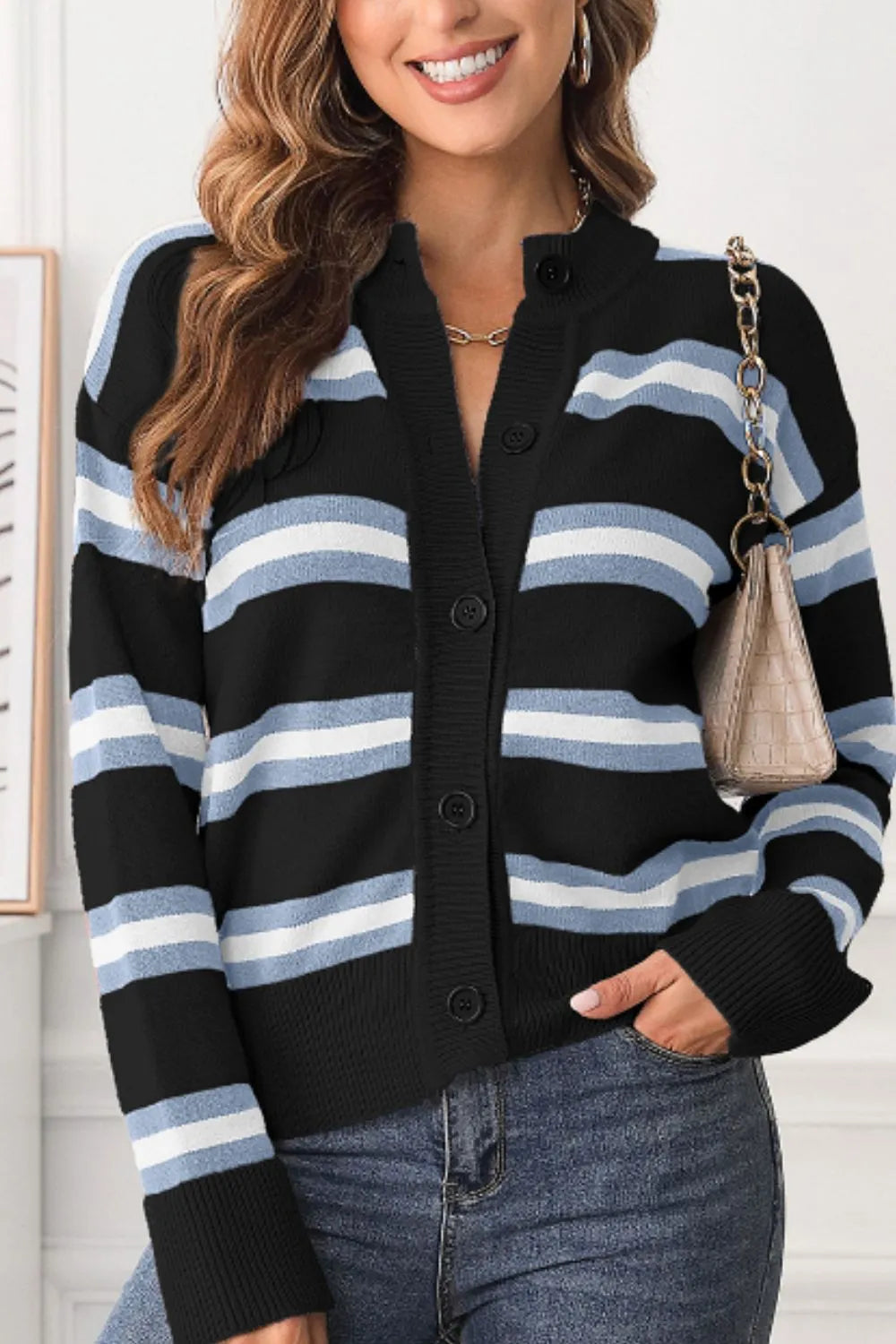 Striped Button Down Long Sleeve Cardigan - Lilixa.store