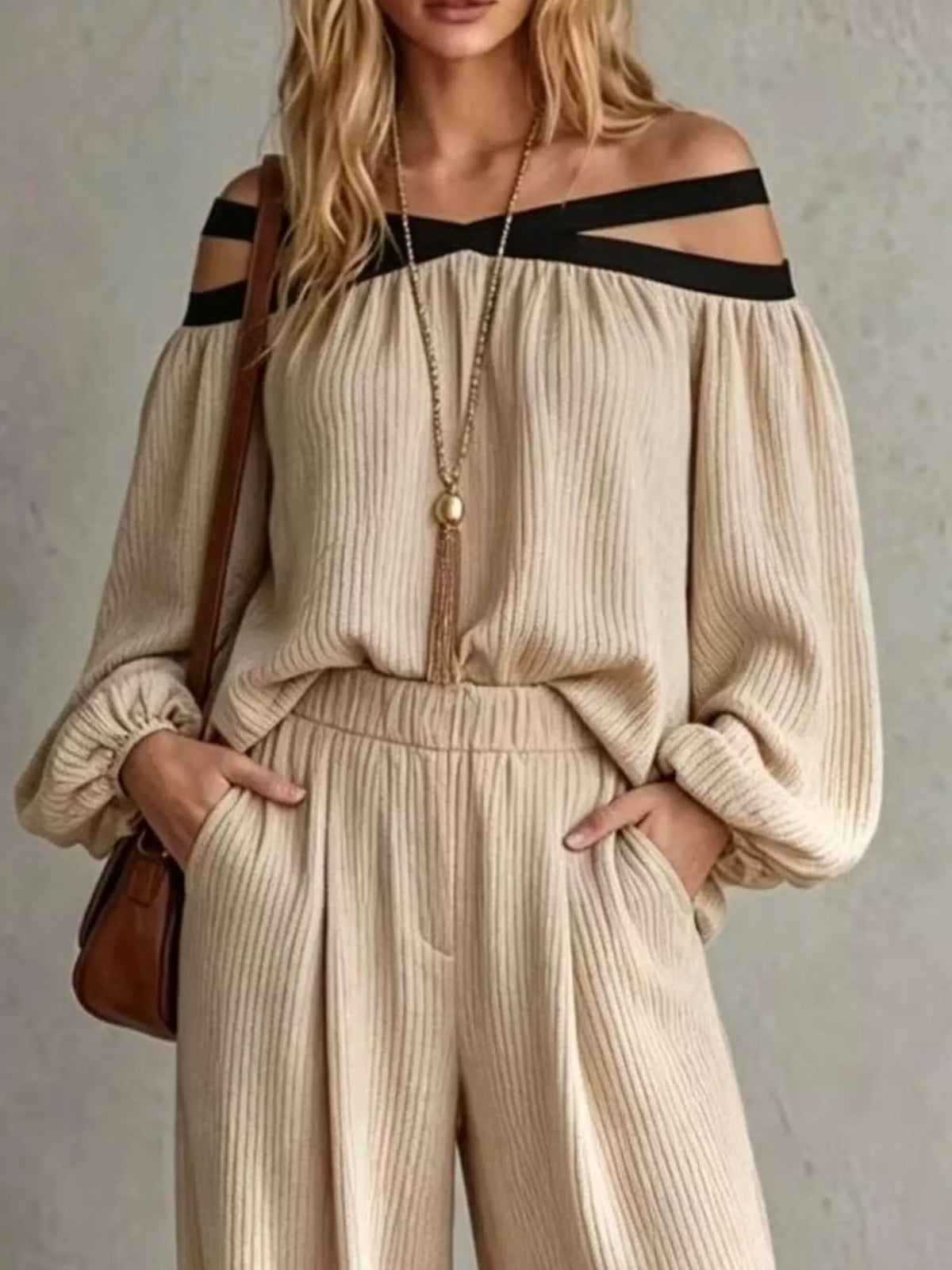 Off-Shoulder Crisscross Cutout Ribbed Knit Top and Wide-Leg Pants Set in Beige