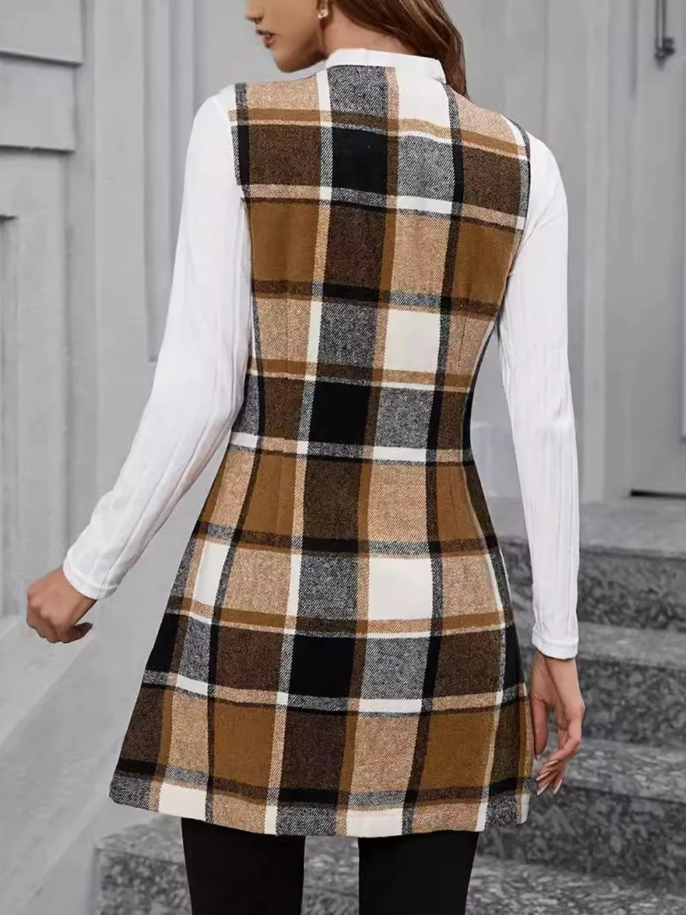 Plaid V-Neck Vest Coat in Camel, view 3