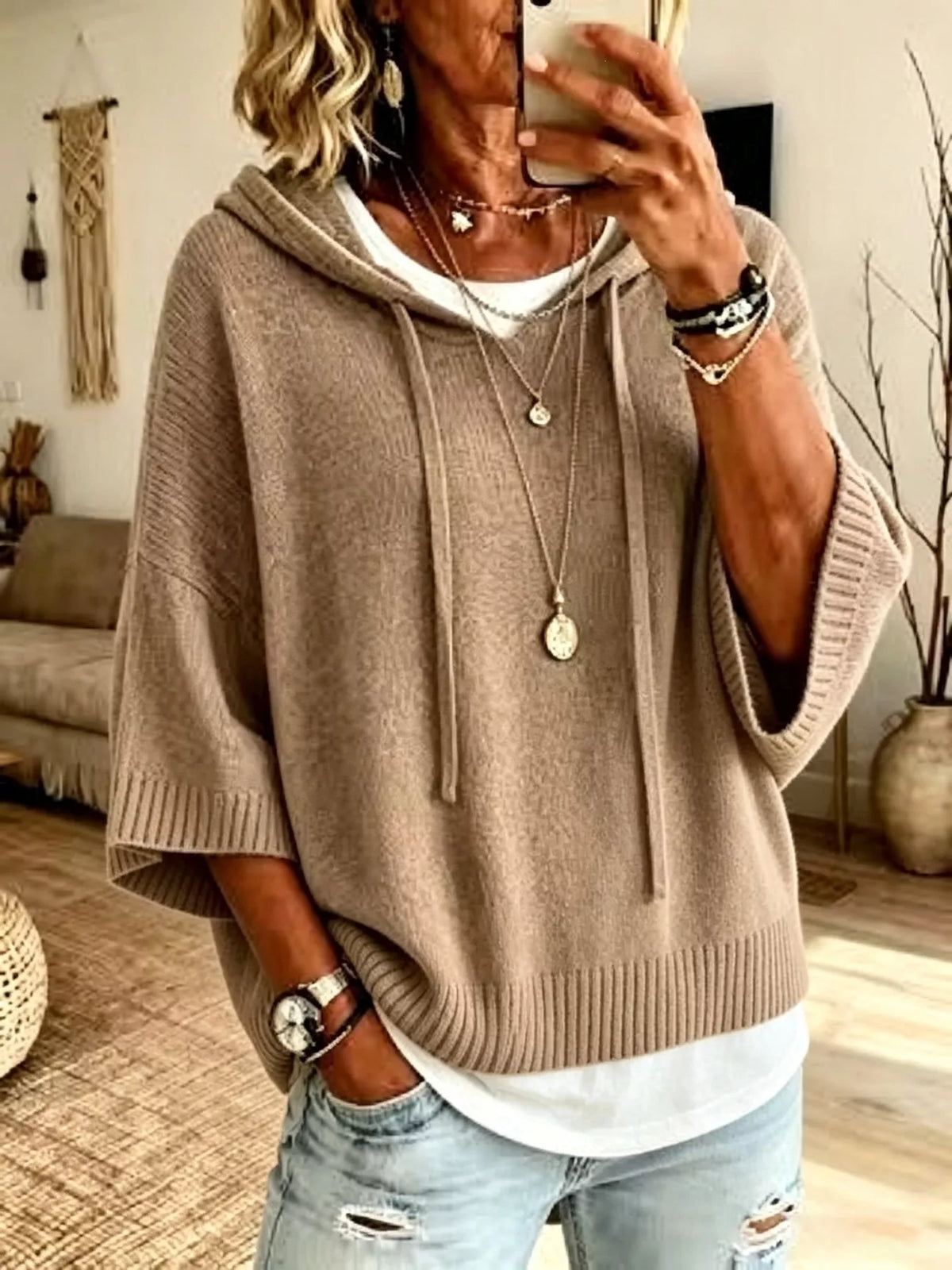 Full Size Casual Hooded Batwing Sleeve Knit Sweater Plus Size - Lilixa.store