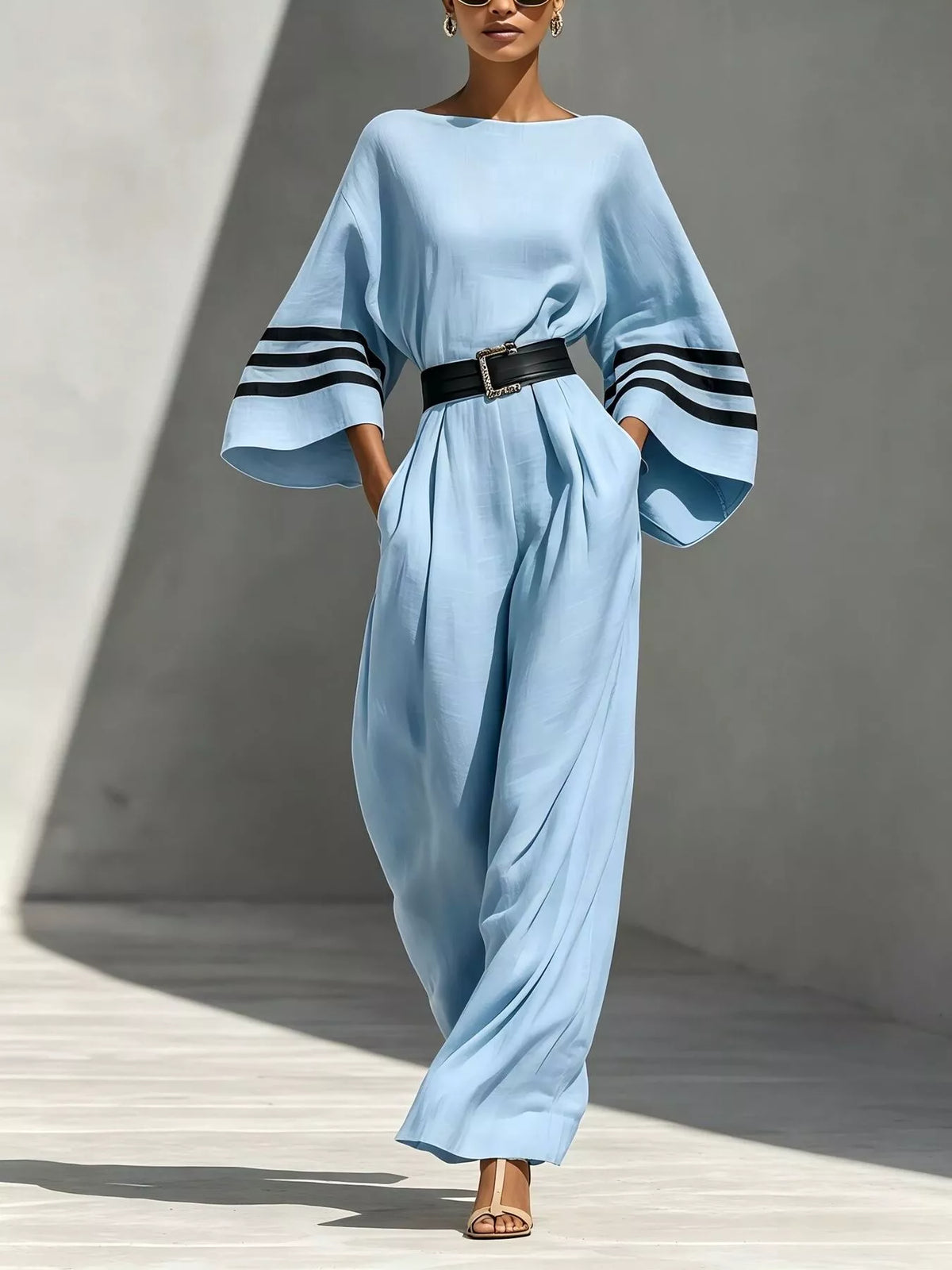 Wide Sleeve and Contrast Striped Jumpsuit in Light Blue